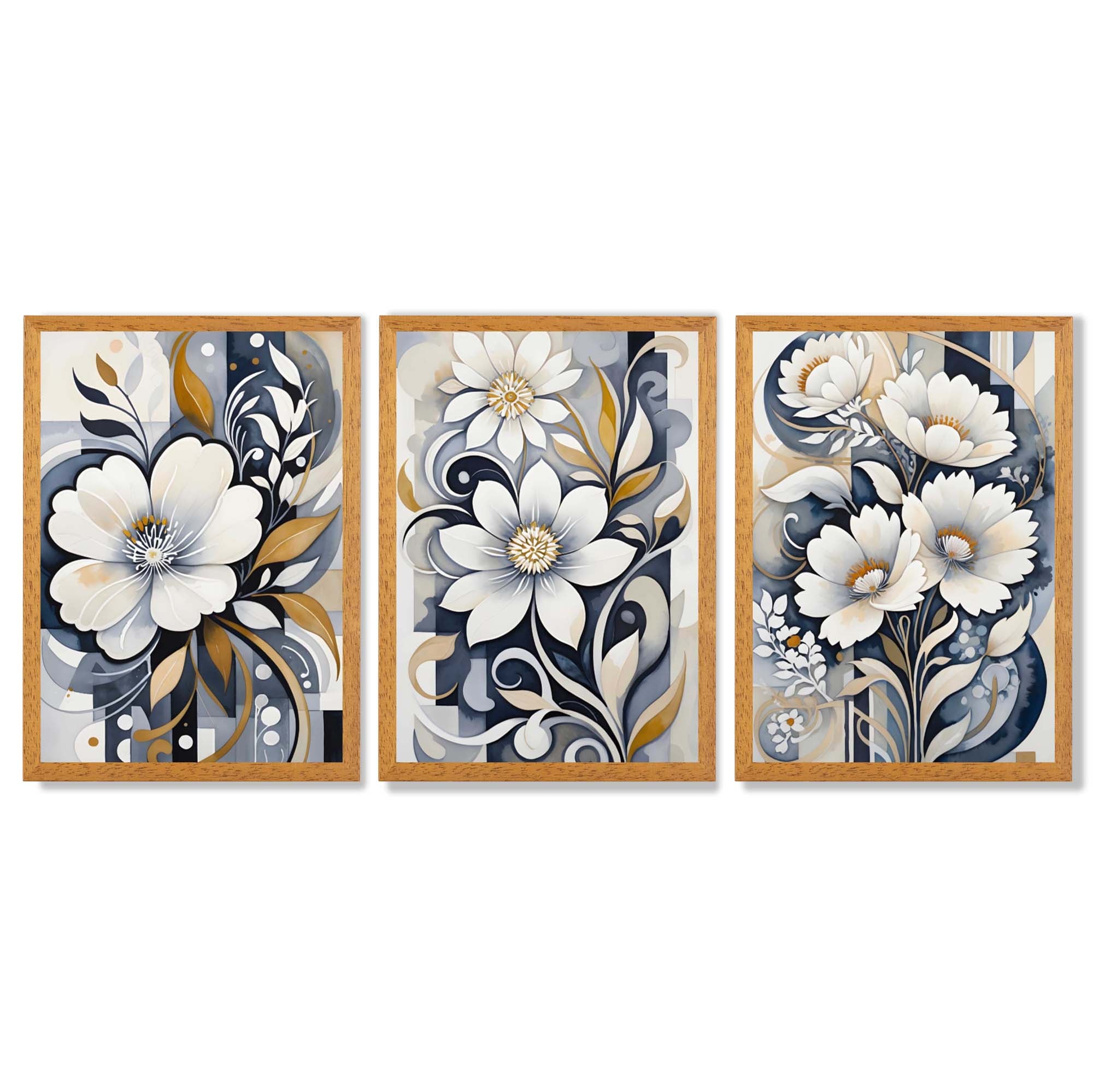 Abstract Dark Blue and White Flowers Set of 3 Framed Art Prints with Oak Wooden Frames