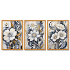 Abstract Dark Blue and White Flowers Set of 3 Framed Art Prints with Oak Wooden Frames