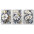 Abstract Dark Blue and White Flowers Set of 3 Framed Art Prints with Silver Wood Frames