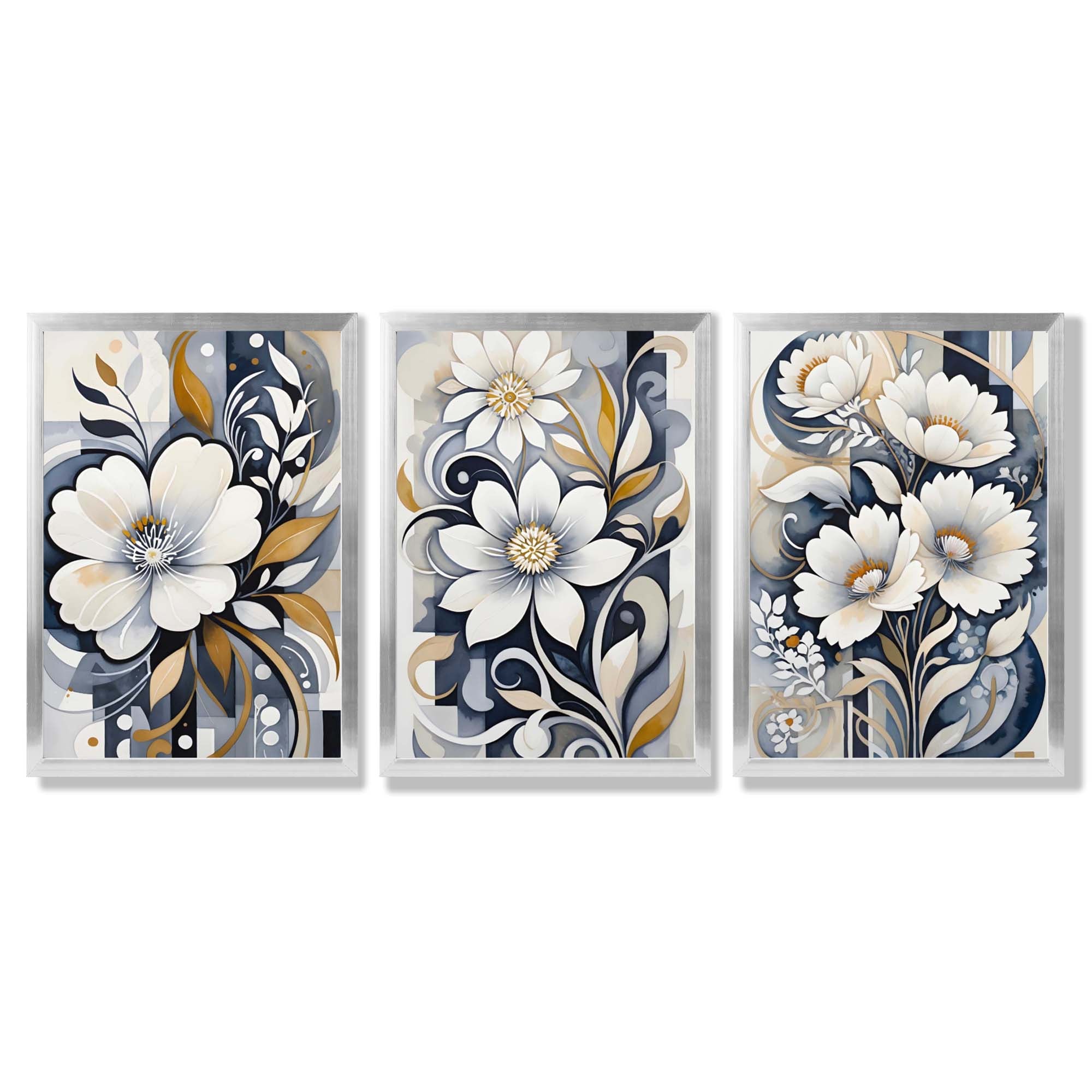 Abstract Dark Blue and White Flowers Set of 3 Framed Art Prints with Silver Wood Frames
