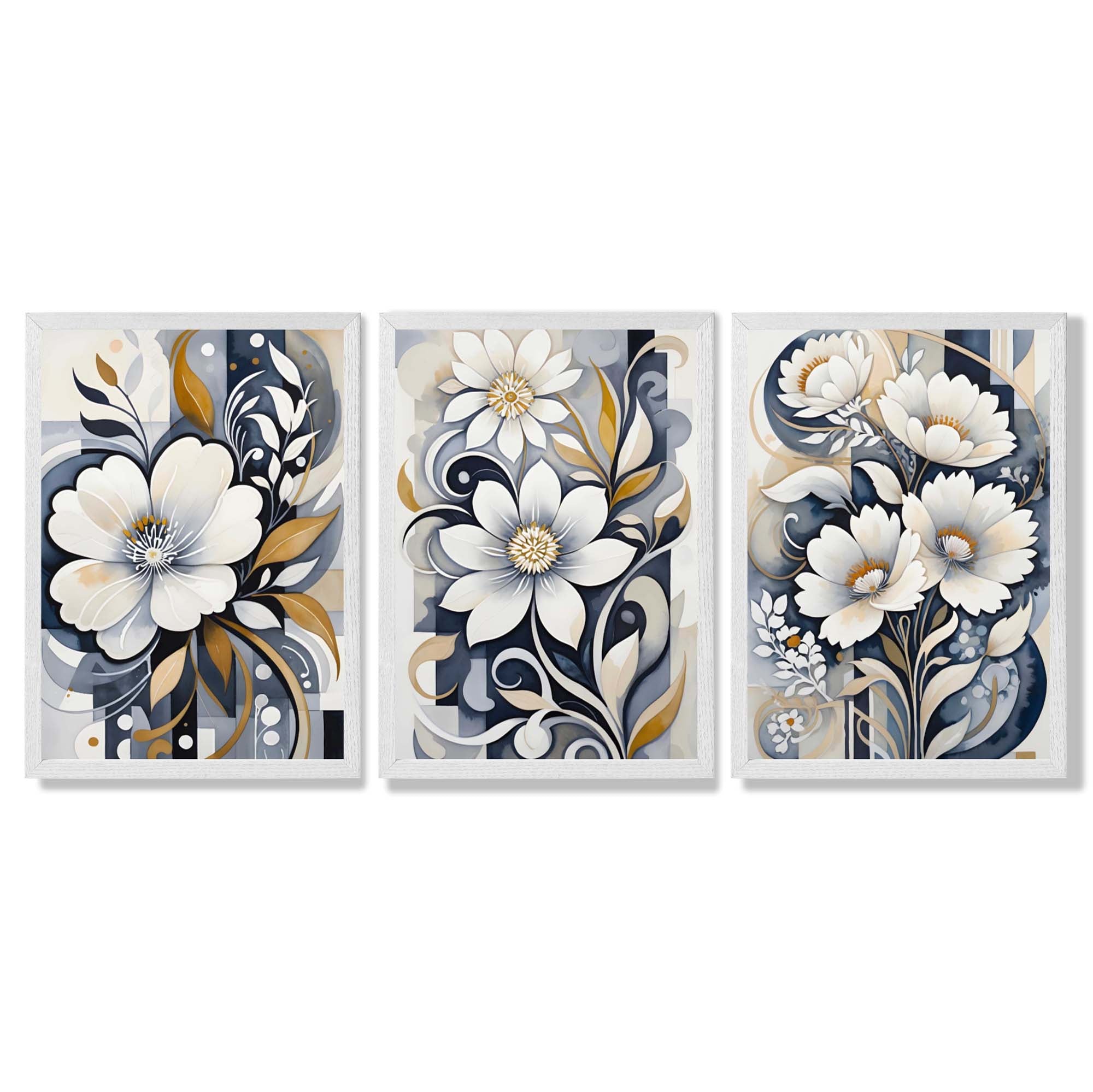 Abstract Dark Blue and White Flowers Set of 3 Framed Art Prints with White Wooden Frames