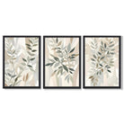 Sage Green and Beige Floral Leaves Set of 3 Framed Art Prints with Black Wooden Frames