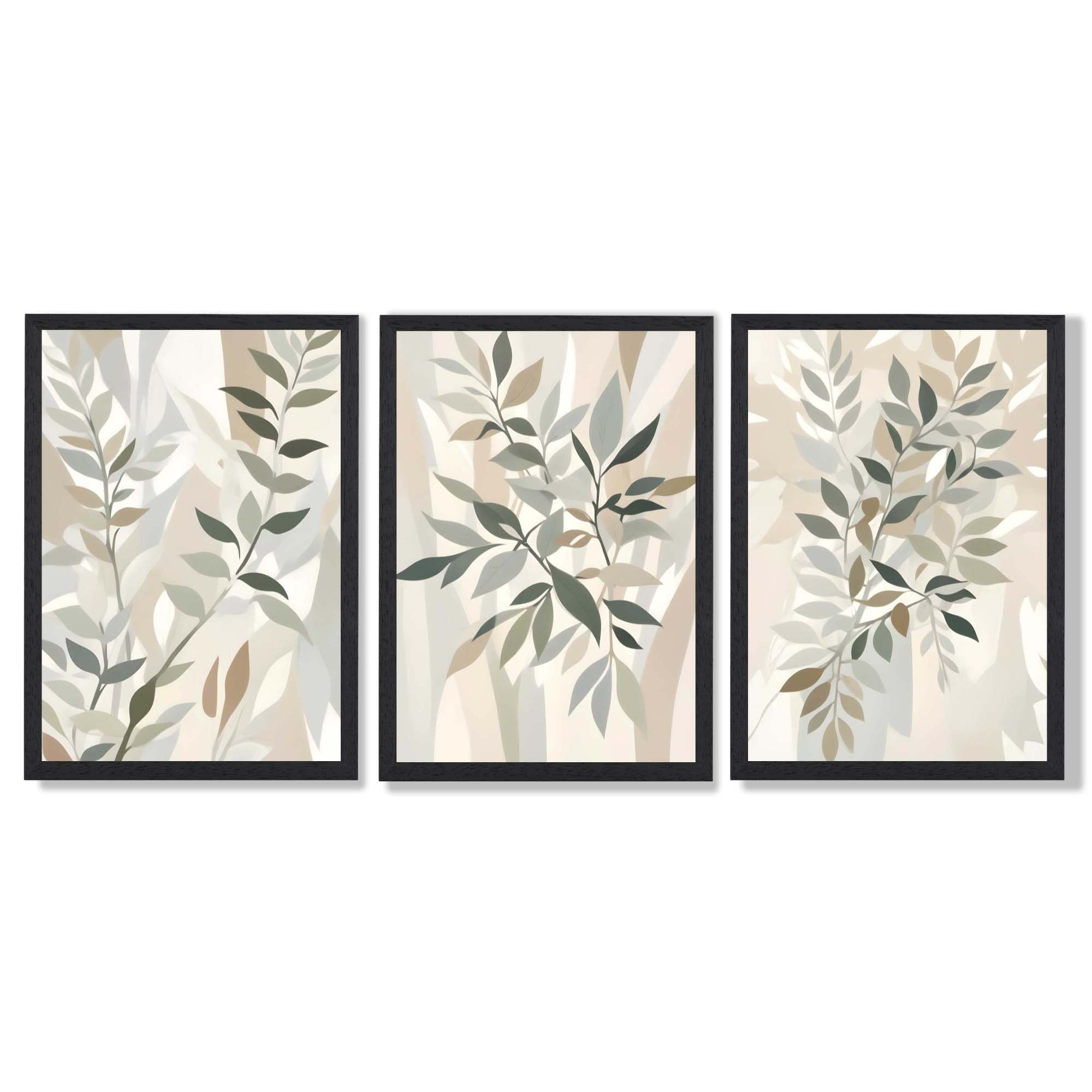 Sage Green and Beige Floral Leaves Set of 3 Framed Art Prints with Black Wooden Frames