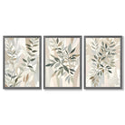 Sage Green and Beige Floral Leaves Set of 3 Framed Art Prints with Dark Grey Wooden Frames