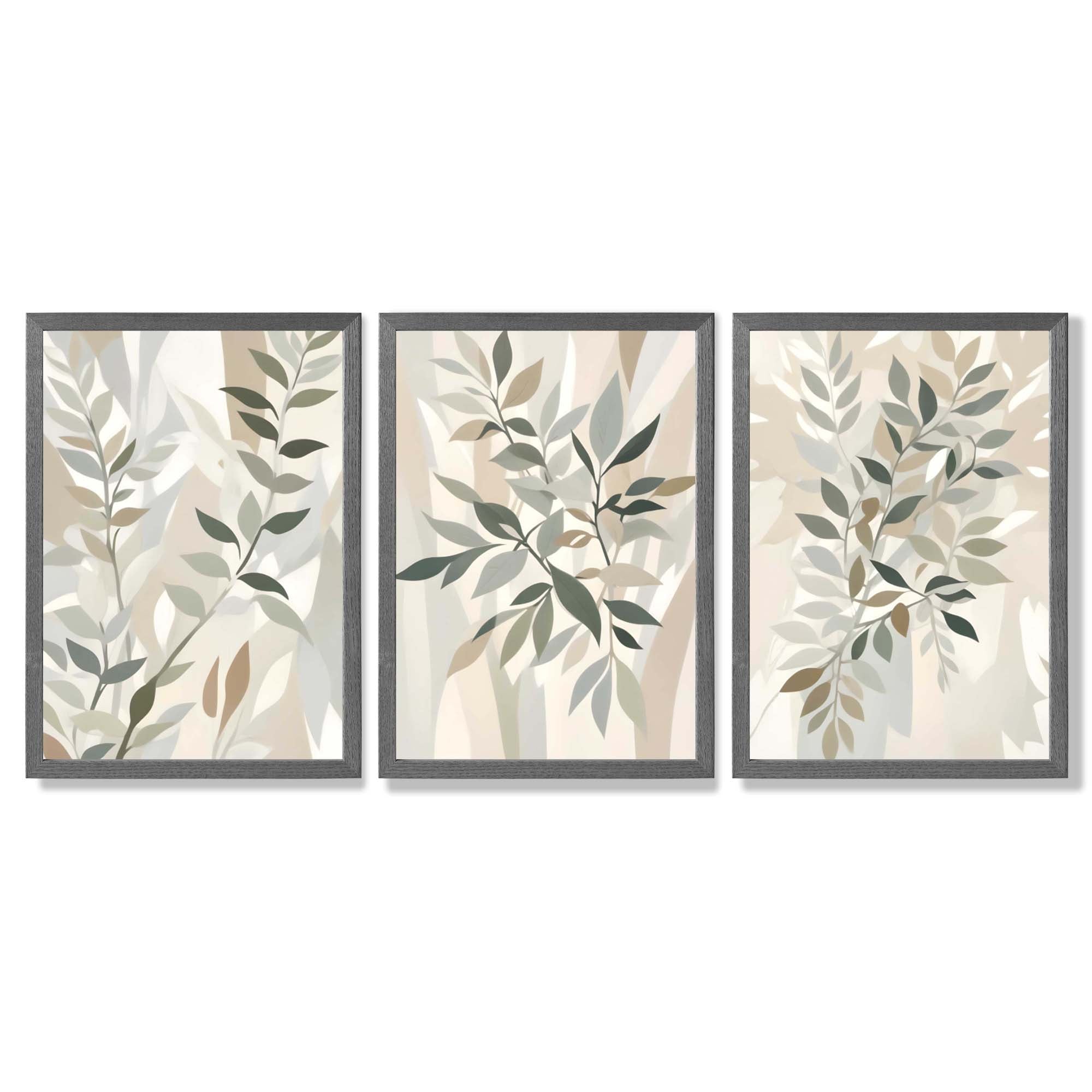 Sage Green and Beige Floral Leaves Set of 3 Framed Art Prints with Dark Grey Wooden Frames