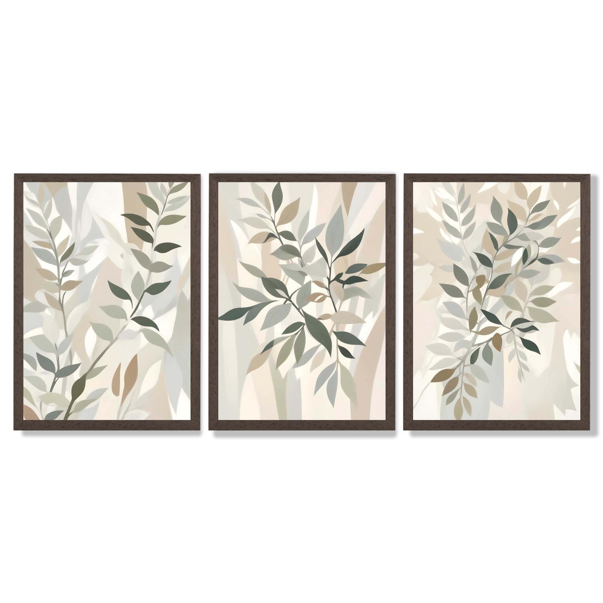 Sage Green and Beige Floral Leaves Set of 3 Framed Art Prints with Dark Wood Frames