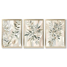 Sage Green and Beige Floral Leaves Set of 3 Framed Art Prints with Gold Wood Frames
