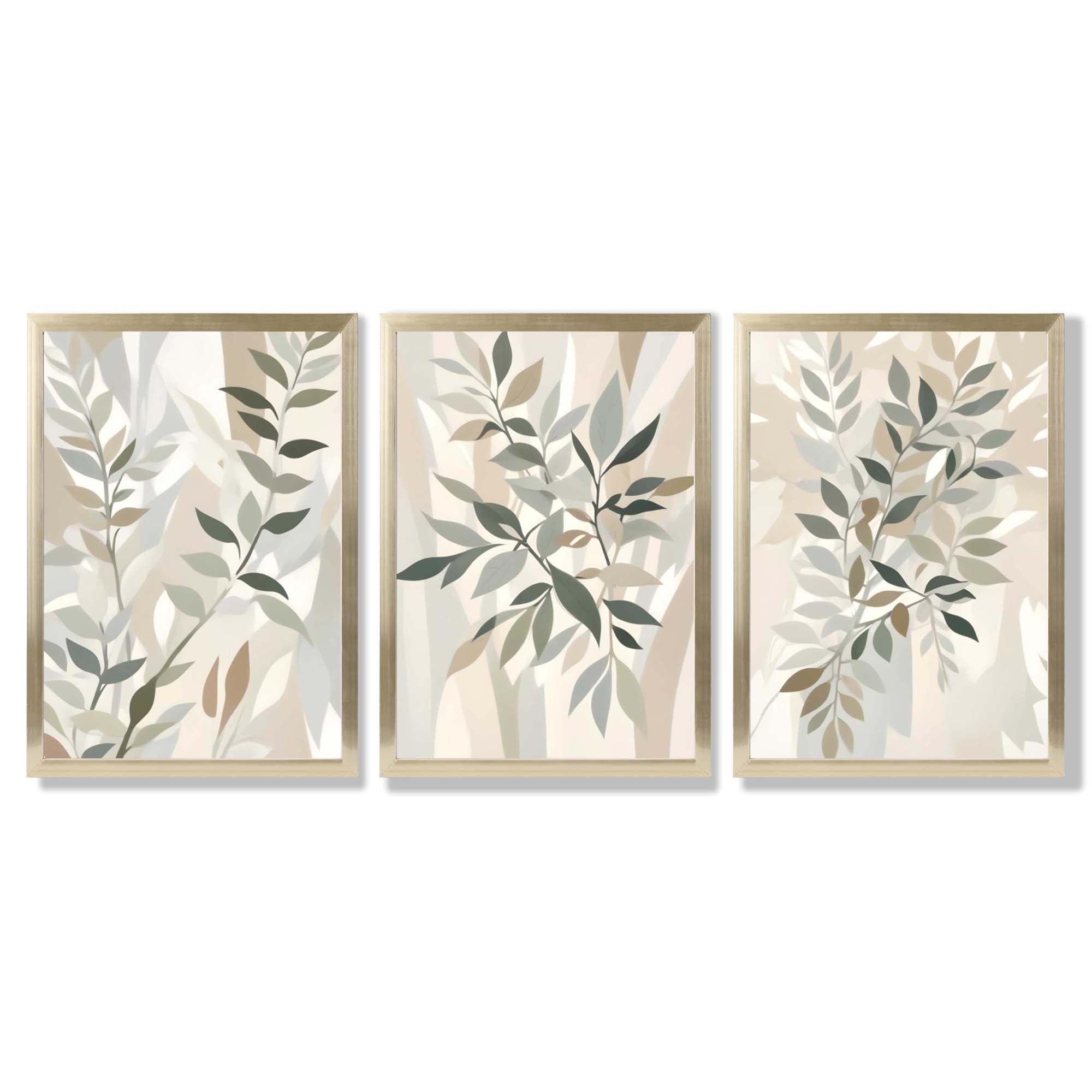 Sage Green and Beige Floral Leaves Set of 3 Framed Art Prints with Gold Wood Frames