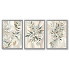 Sage Green and Beige Floral Leaves Set of 3 Framed Art Prints with Light Grey Wooden Frames