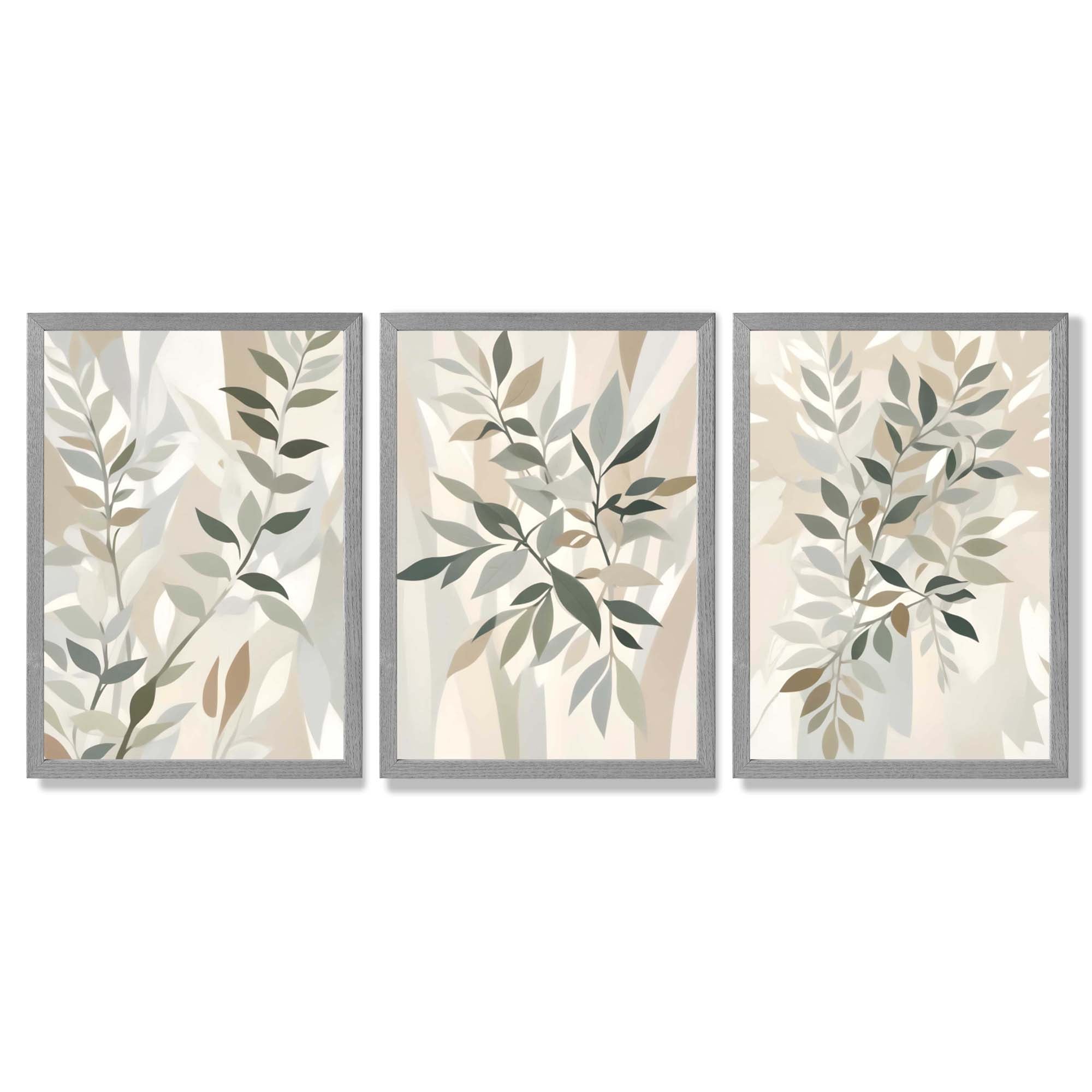 Sage Green and Beige Floral Leaves Set of 3 Framed Art Prints with Light Grey Wooden Frames