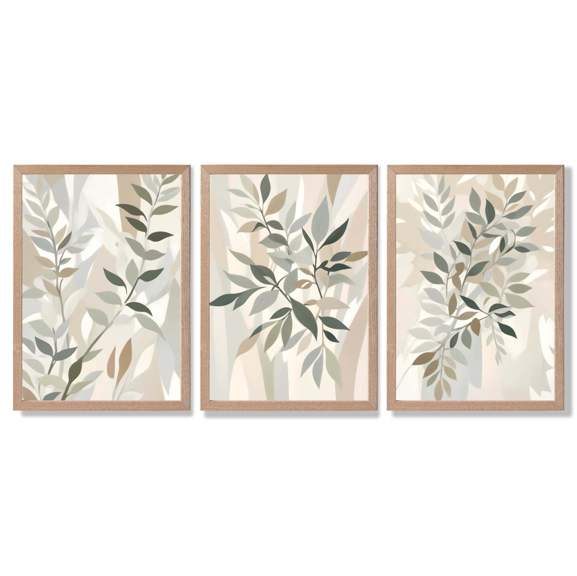 Sage Green and Beige Floral Leaves Set of 3 Framed Art Prints with Light Oak Frames