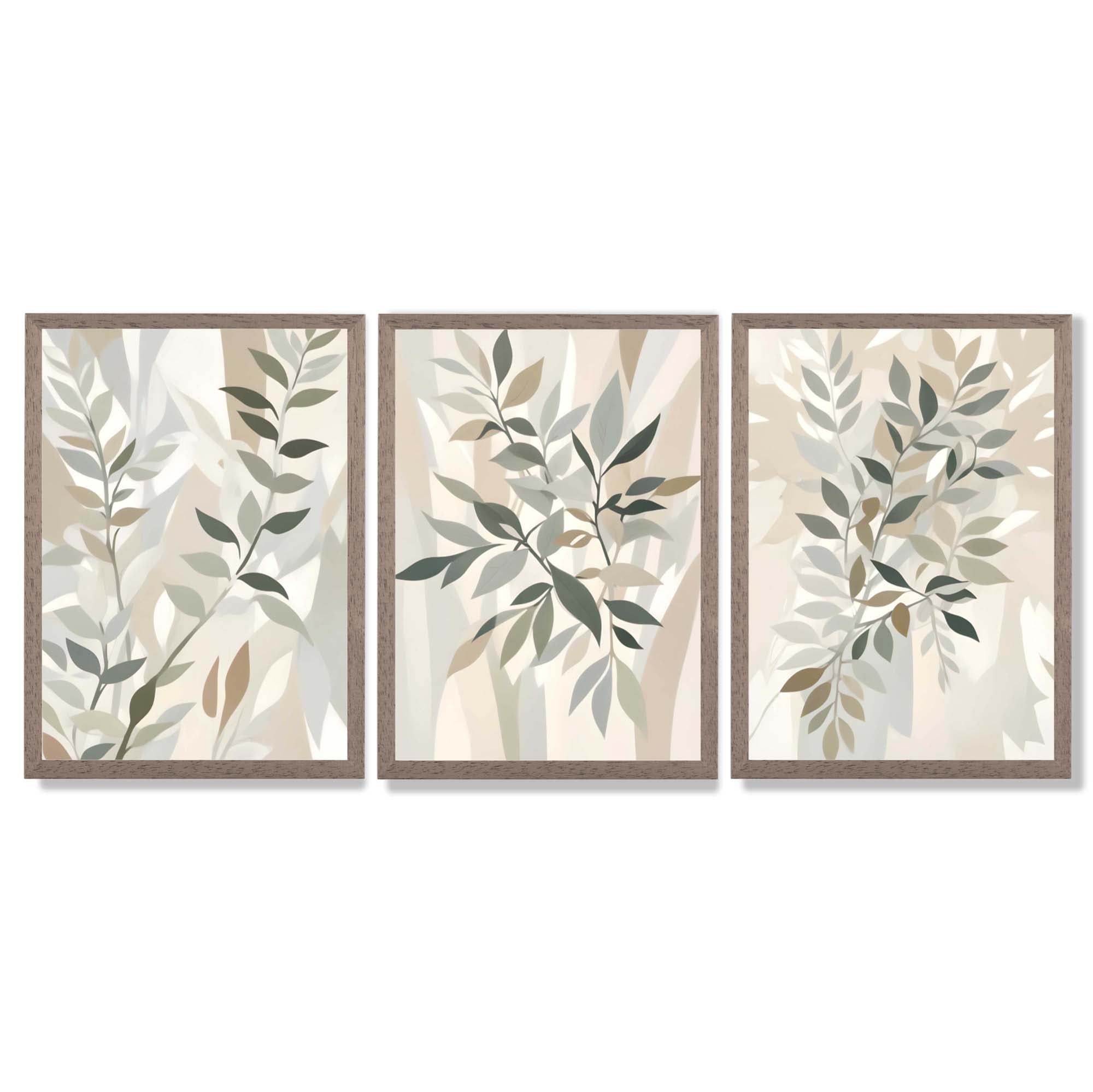 Sage Green and Beige Floral Leaves Set of 3 Framed Art Prints with Light Walnut Frames