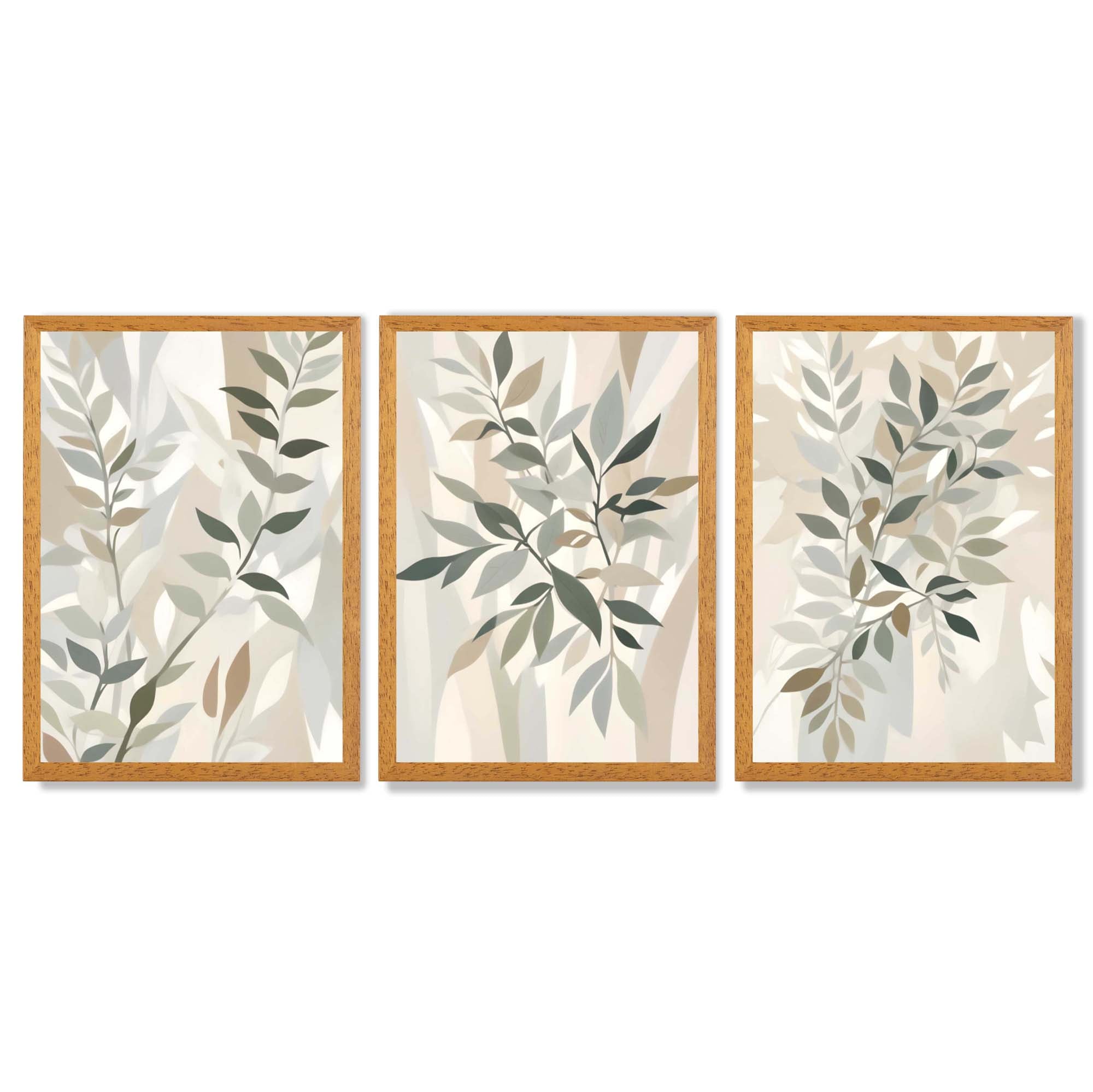 Sage Green and Beige Floral Leaves Set of 3 Framed Art Prints with Oak Wooden Frames