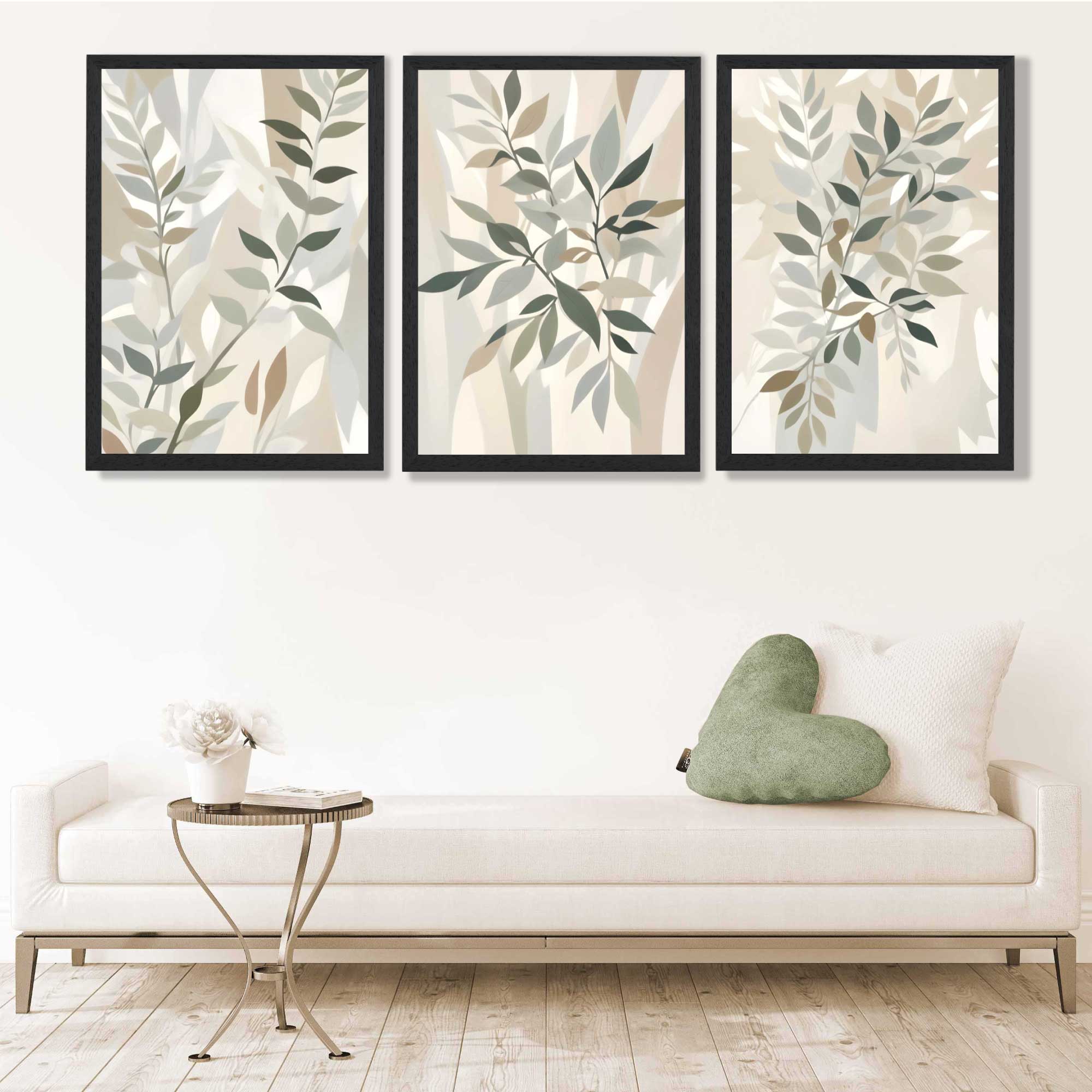 Sage Green and Beige Floral Leaves Set of 3 Art Prints in Black Frames | Artze UK
