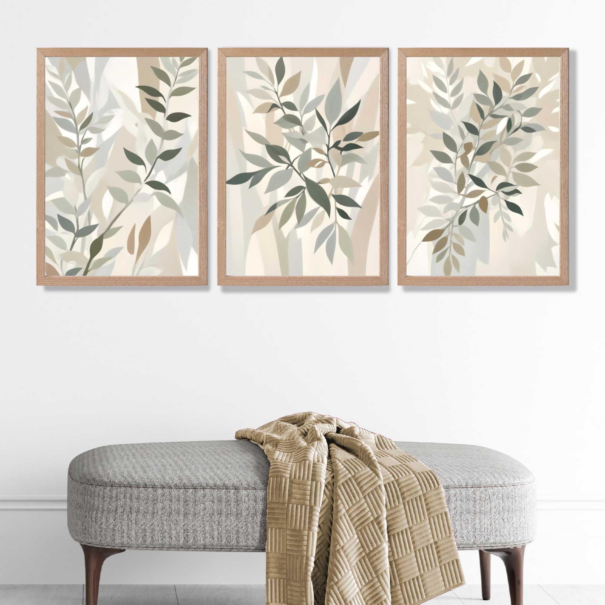 Sage Green and Beige Floral Leaves Set of 3 Art Prints in Oak Frames | Artze UK