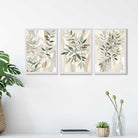 Sage Green and Beige Floral Leaves Set of 3 Art Prints in White Frames | Artze UK
