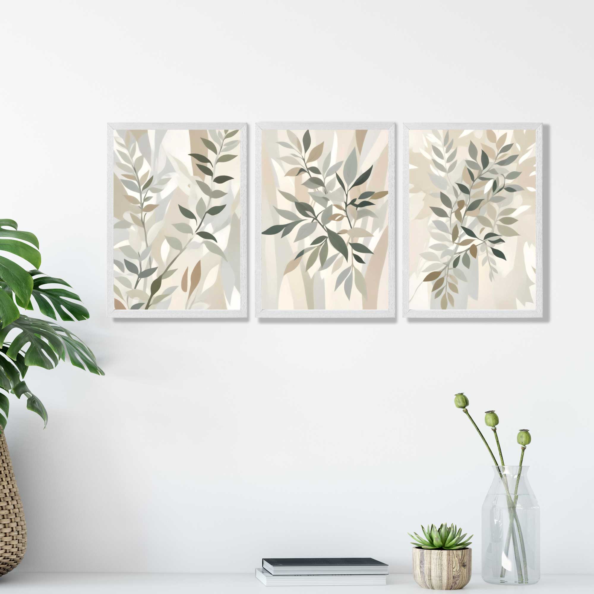 Sage Green and Beige Floral Leaves Set of 3 Art Prints in White Frames | Artze UK