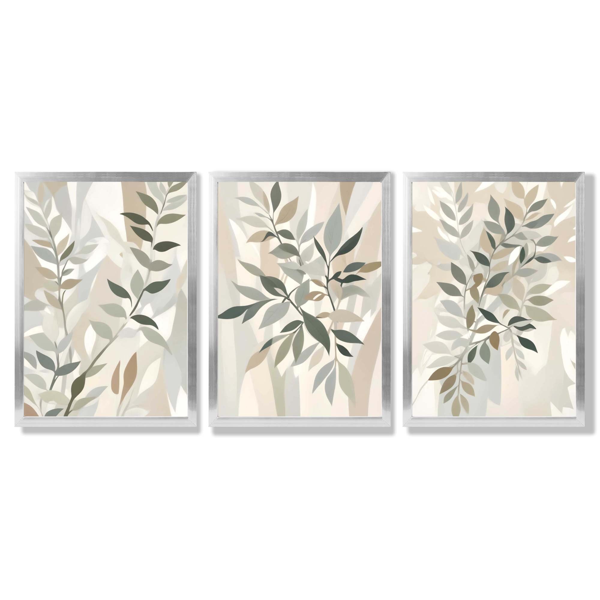 Sage Green and Beige Floral Leaves Set of 3 Framed Art Prints with Silver Wood Frames