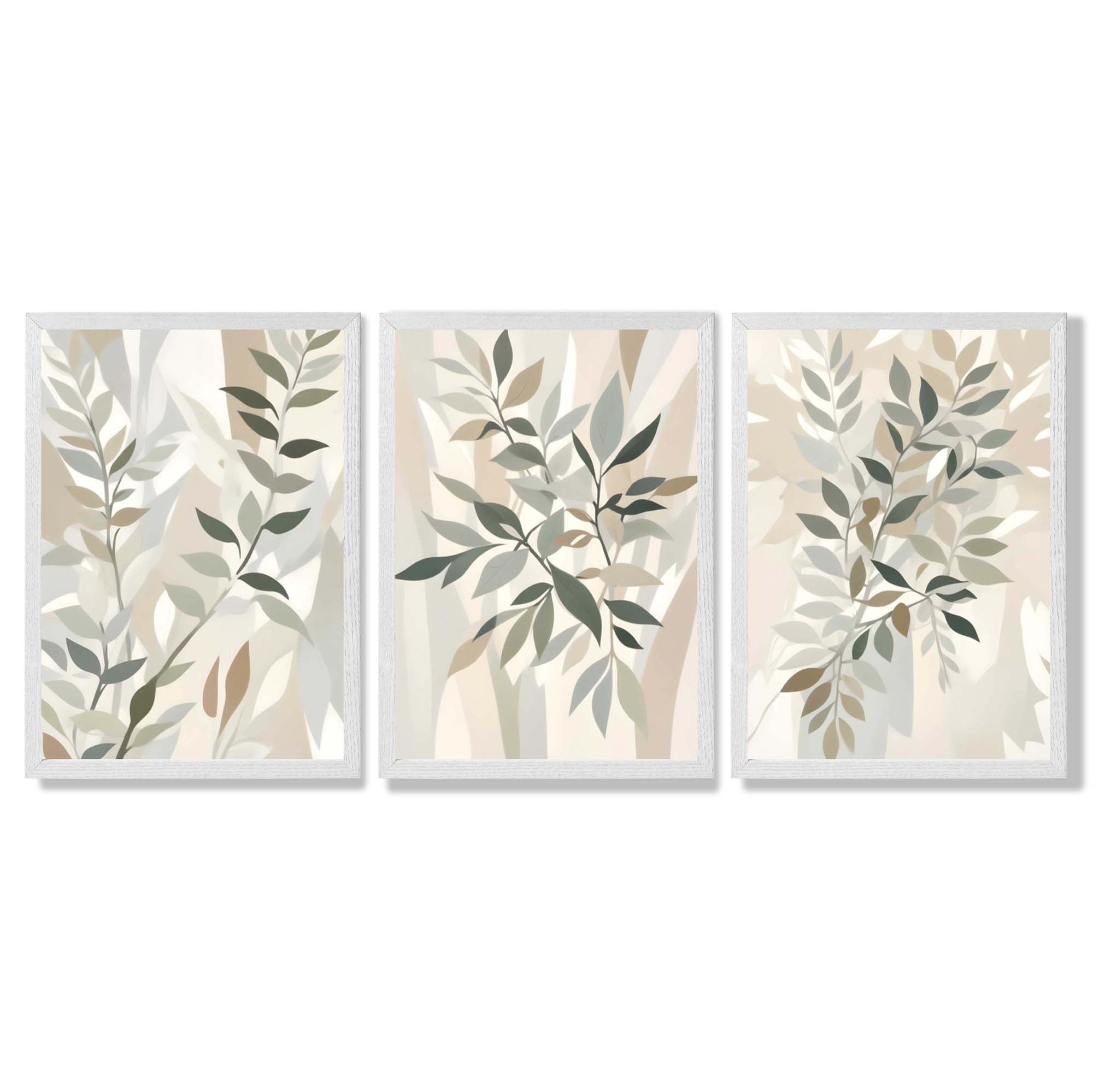 Sage Green and Beige Floral Leaves Set of 3 Framed Art Prints with White Wooden Frames