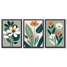 Sage Green and Cream Boho Flowers Set of 3 Framed Art Prints with Black Wooden Frames