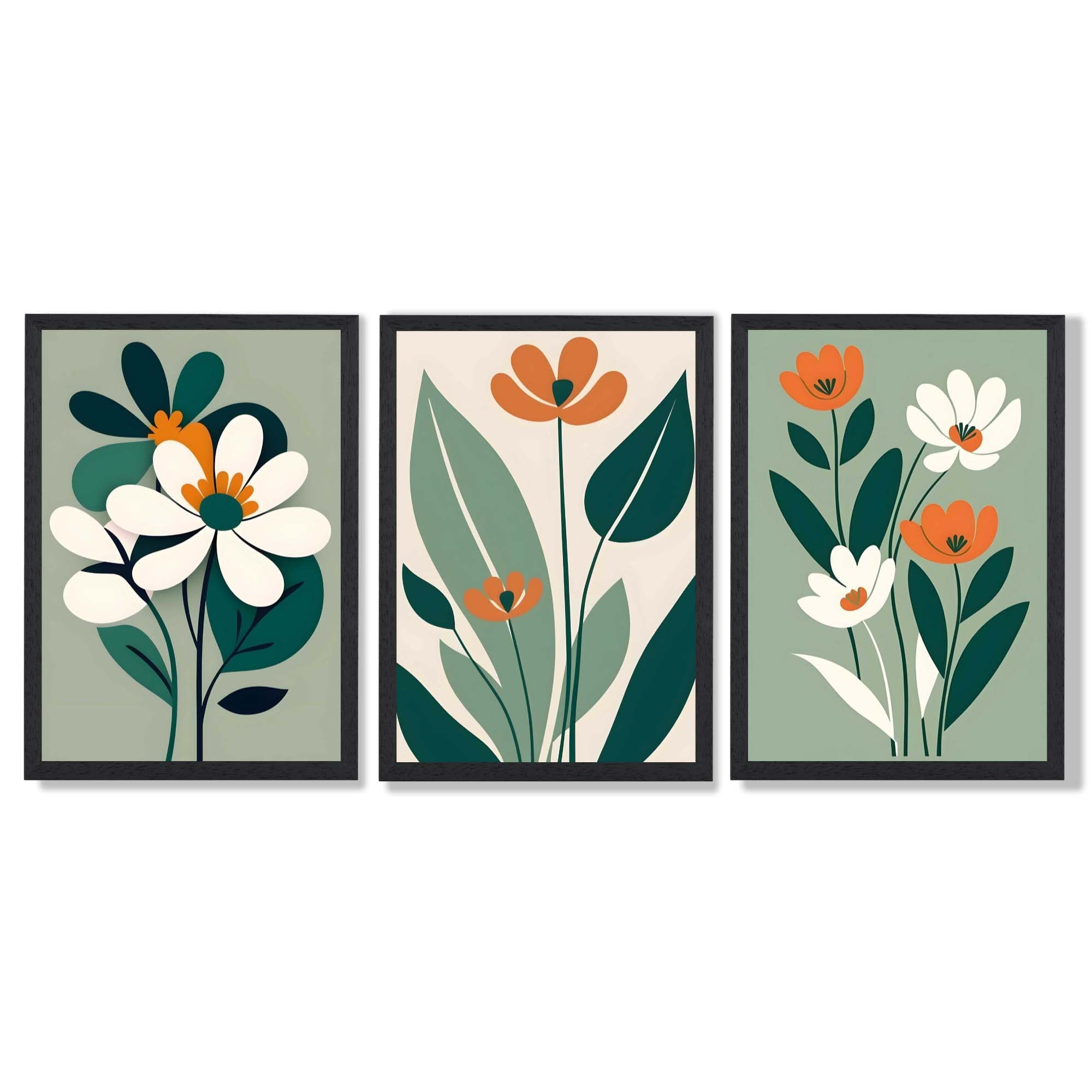 Sage Green and Cream Boho Flowers Set of 3 Framed Art Prints with Black Wooden Frames