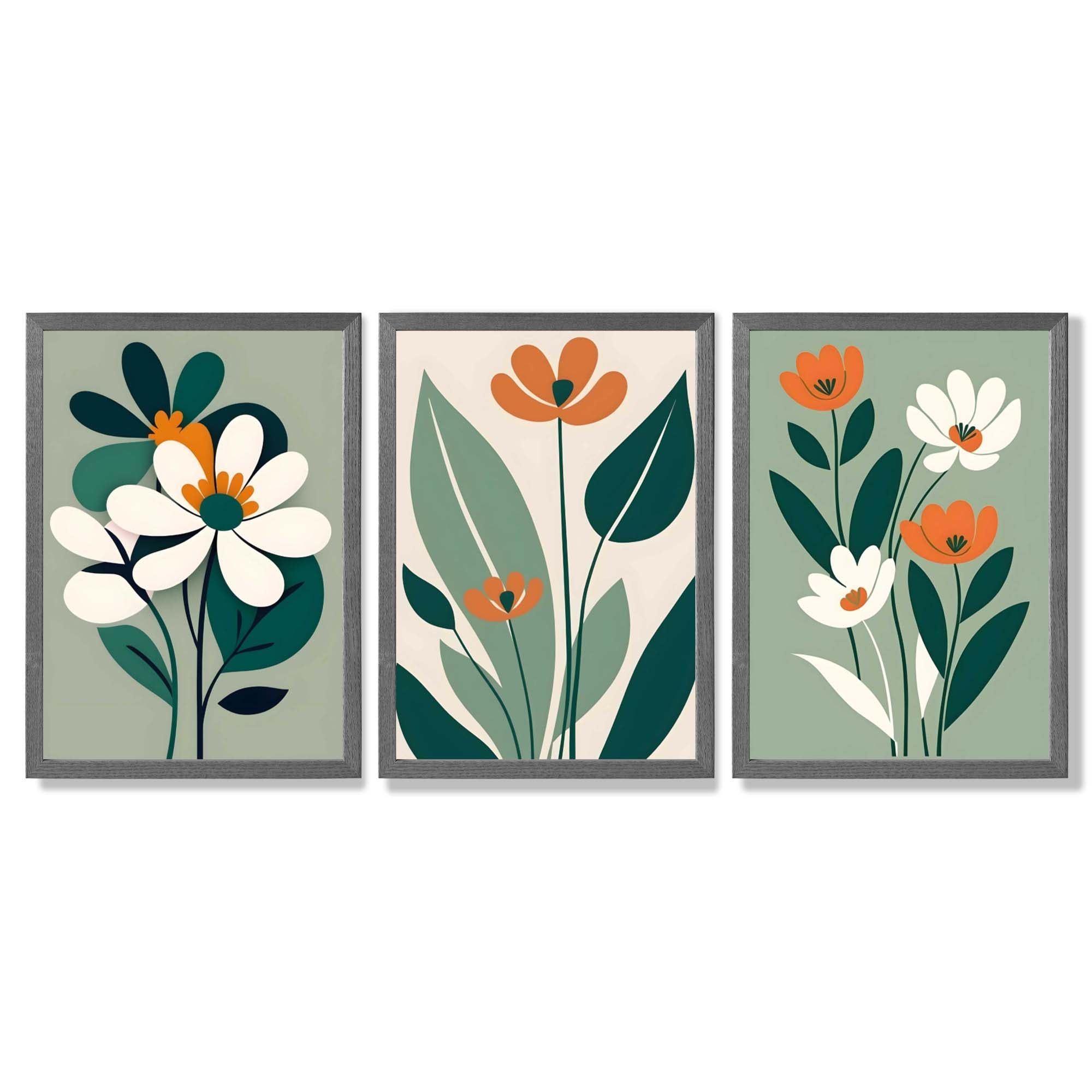 Sage Green and Cream Boho Flowers Set of 3 Framed Art Prints with Dark Grey Wooden Frames
