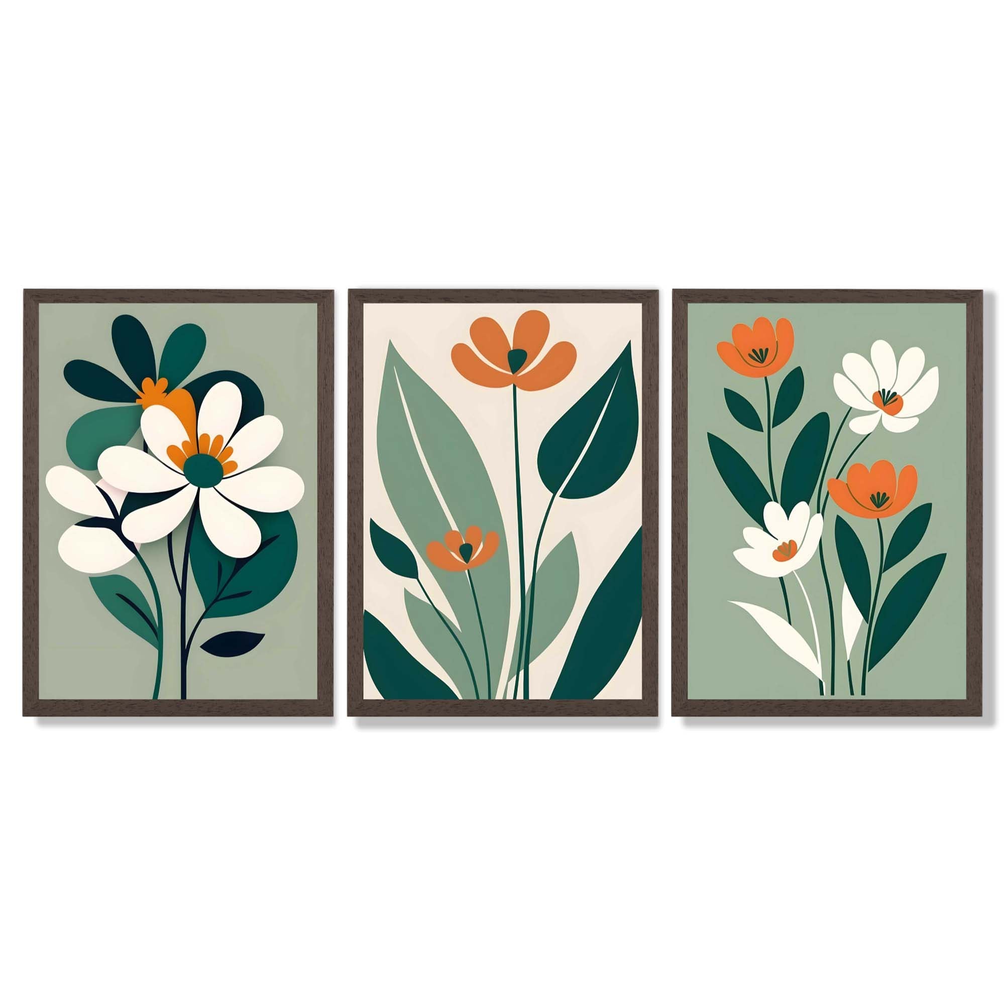 Sage Green and Cream Boho Flowers Set of 3 Framed Art Prints with Dark Wood Frames