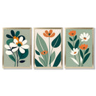 Sage Green and Cream Boho Flowers Set of 3 Framed Art Prints with Gold Wood Frames