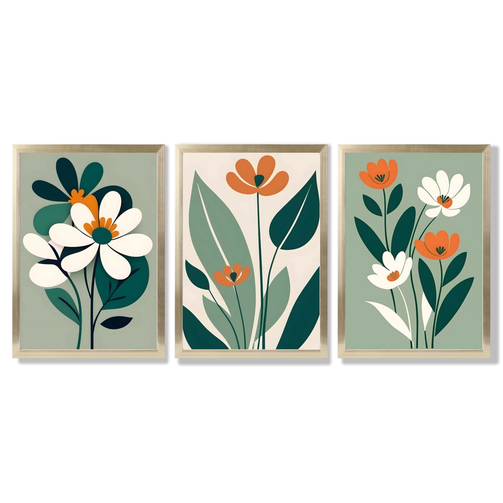Sage Green and Cream Boho Flowers Set of 3 Framed Art Prints with Gold Wood Frames