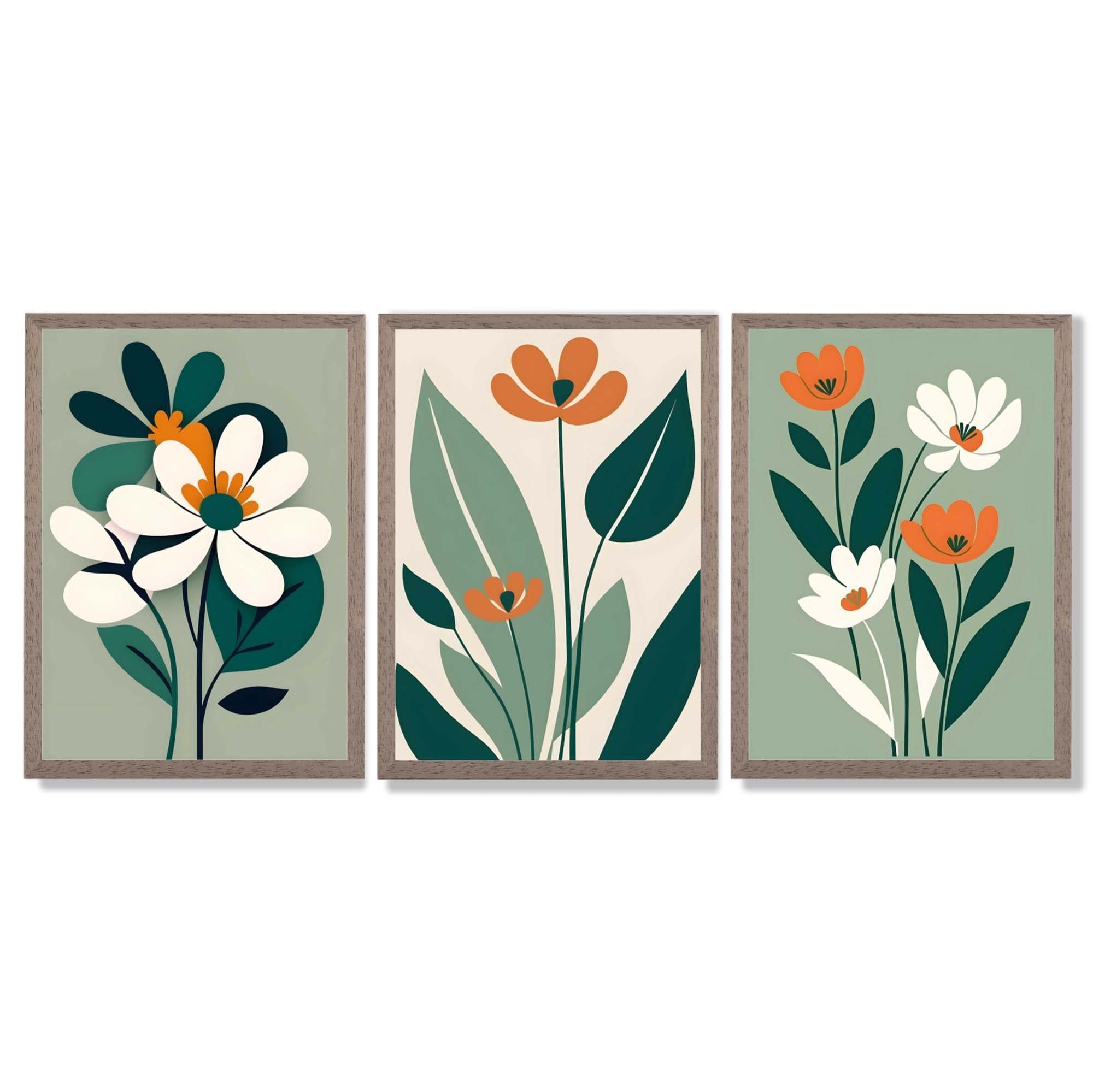 Sage Green and Cream Boho Flowers Set of 3 Framed Art Prints with Light Walnut Frames