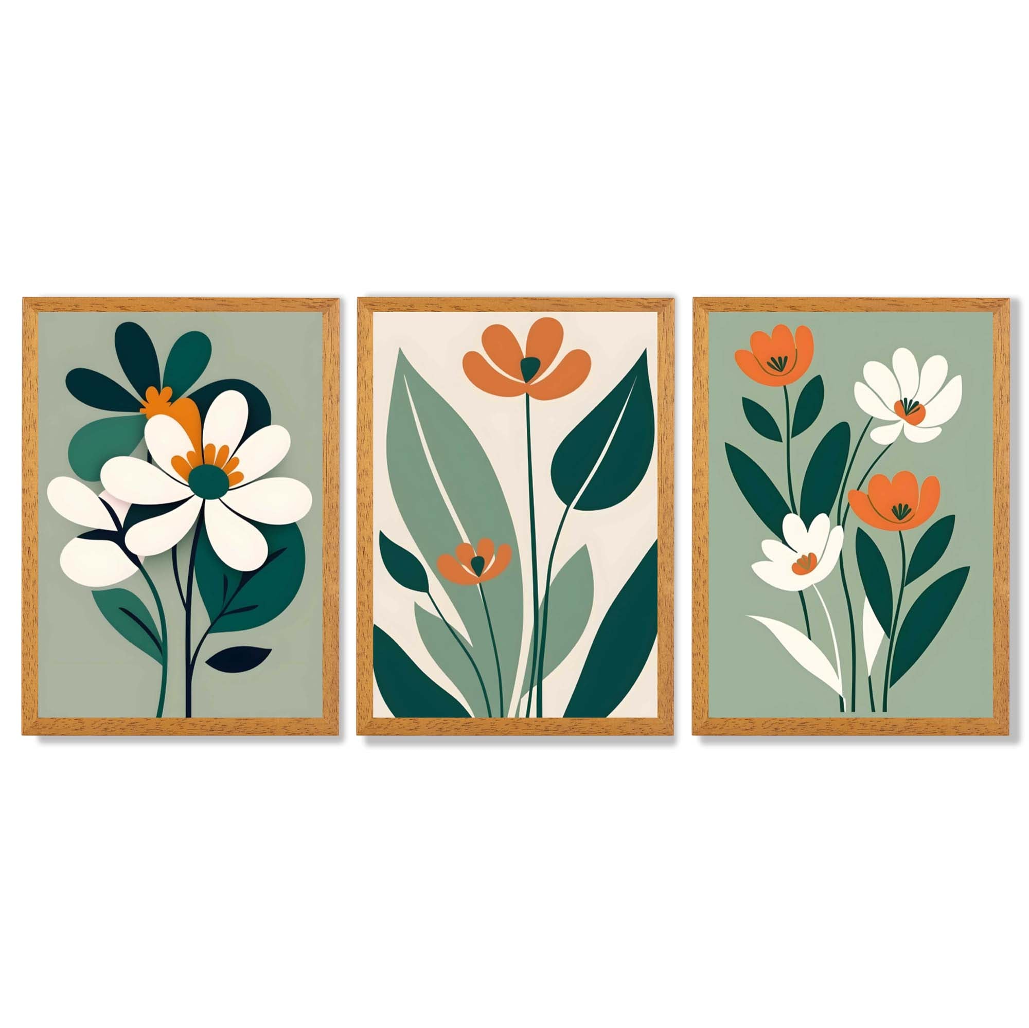 Sage Green and Cream Boho Flowers Set of 3 Framed Art Prints with Oak Wooden Frames