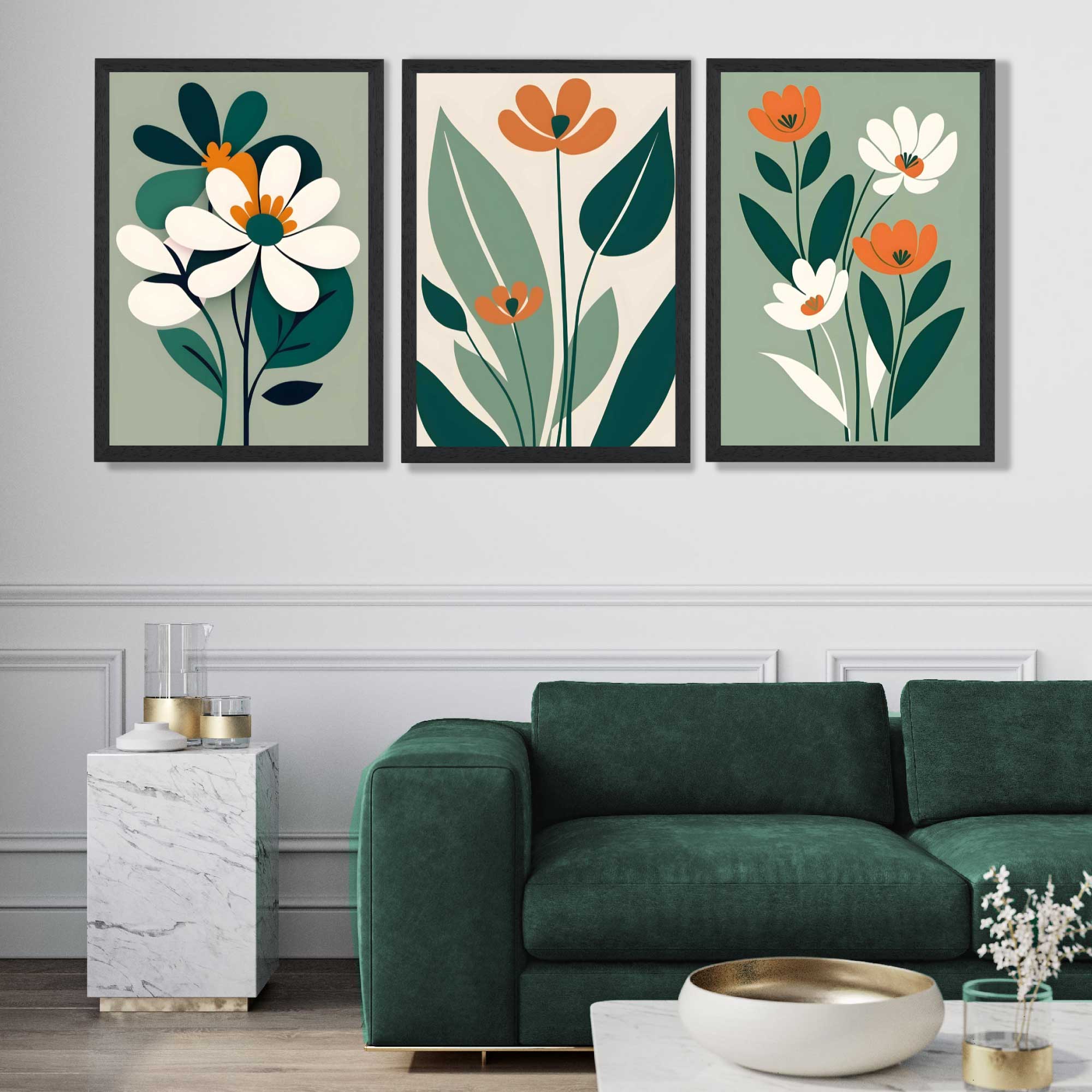 Sage Green and Cream Boho Flowers Set of 3 Art Prints in Black Frames | Artze UK