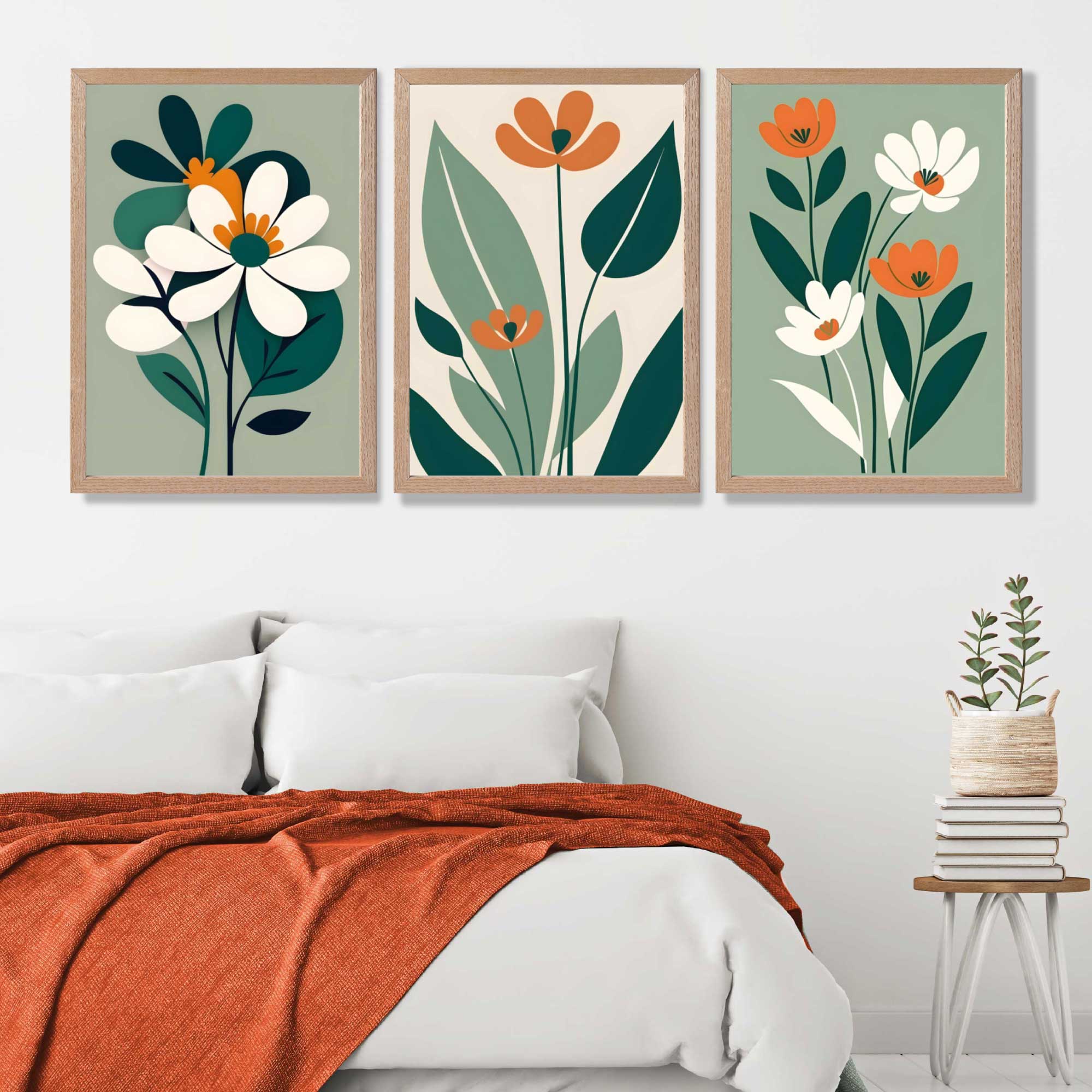 Sage Green and Cream Boho Flowers Set of 3 Art Prints in Oak Frames | Artze UK