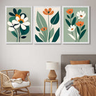Sage Green and Cream Boho Flowers Set of 3 Art Prints in White Frames | Artze UK