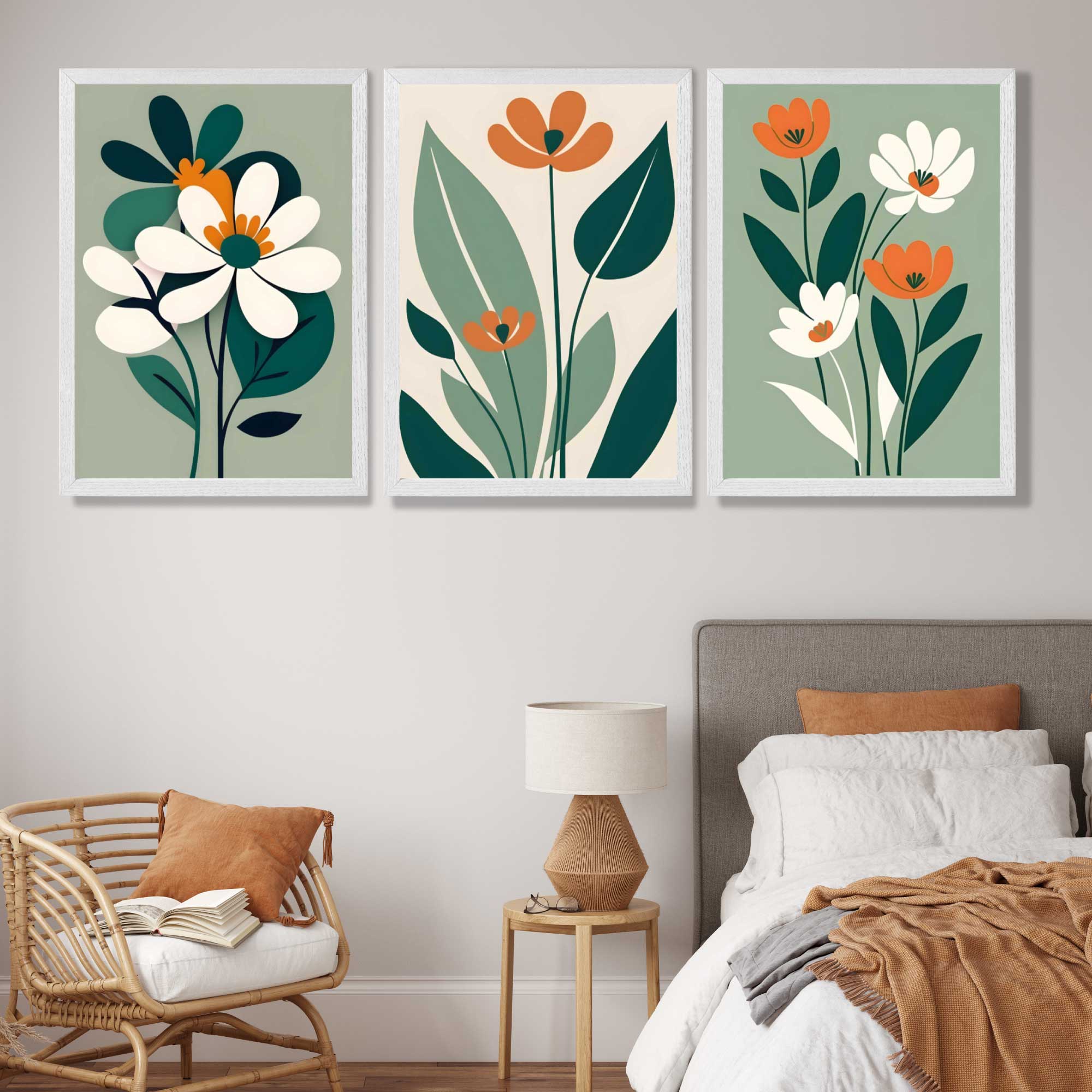 Sage Green and Cream Boho Flowers Set of 3 Art Prints in White Frames | Artze UK