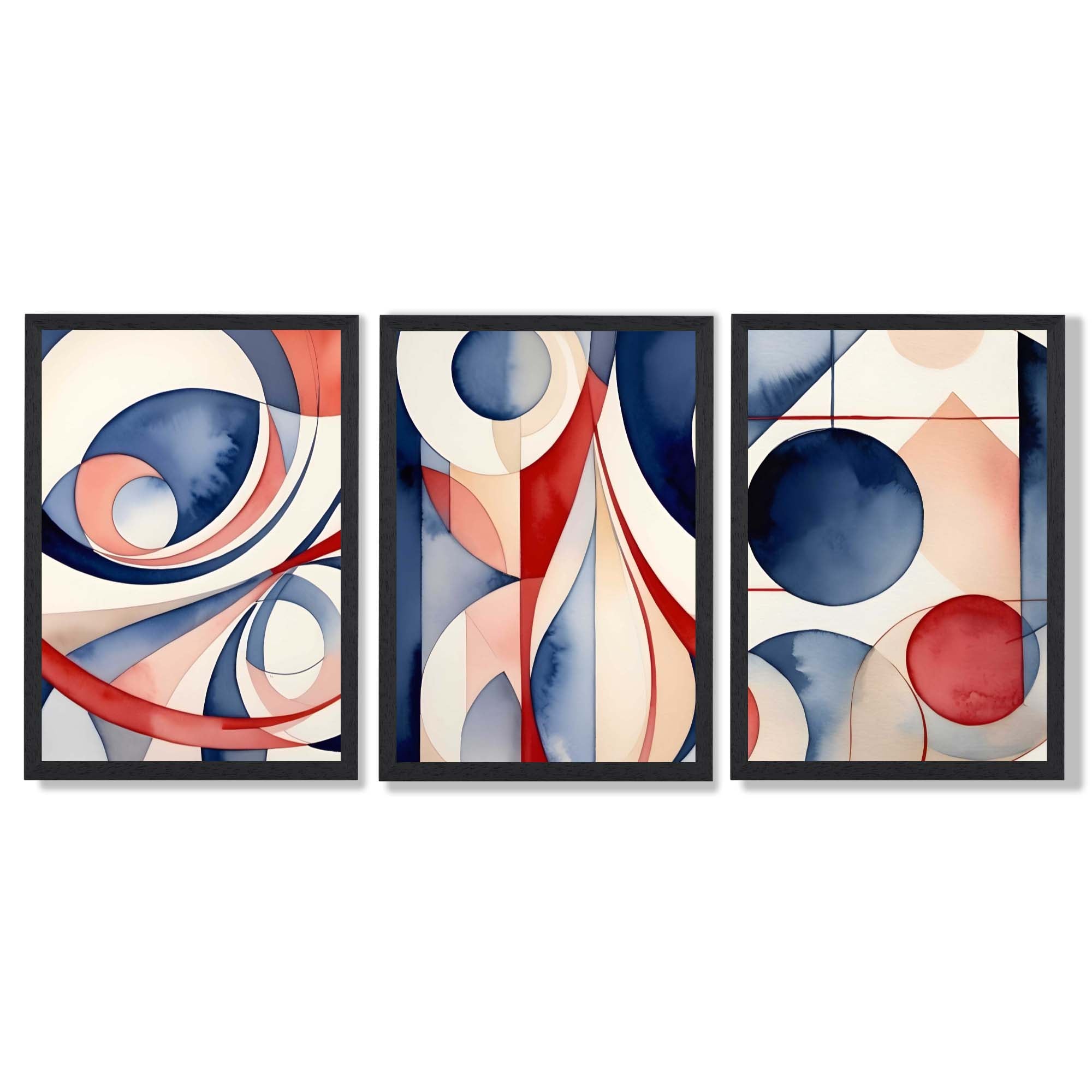 Art Deco Purple and Red Shapes Framed Art Prints with Black Wooden Frames
