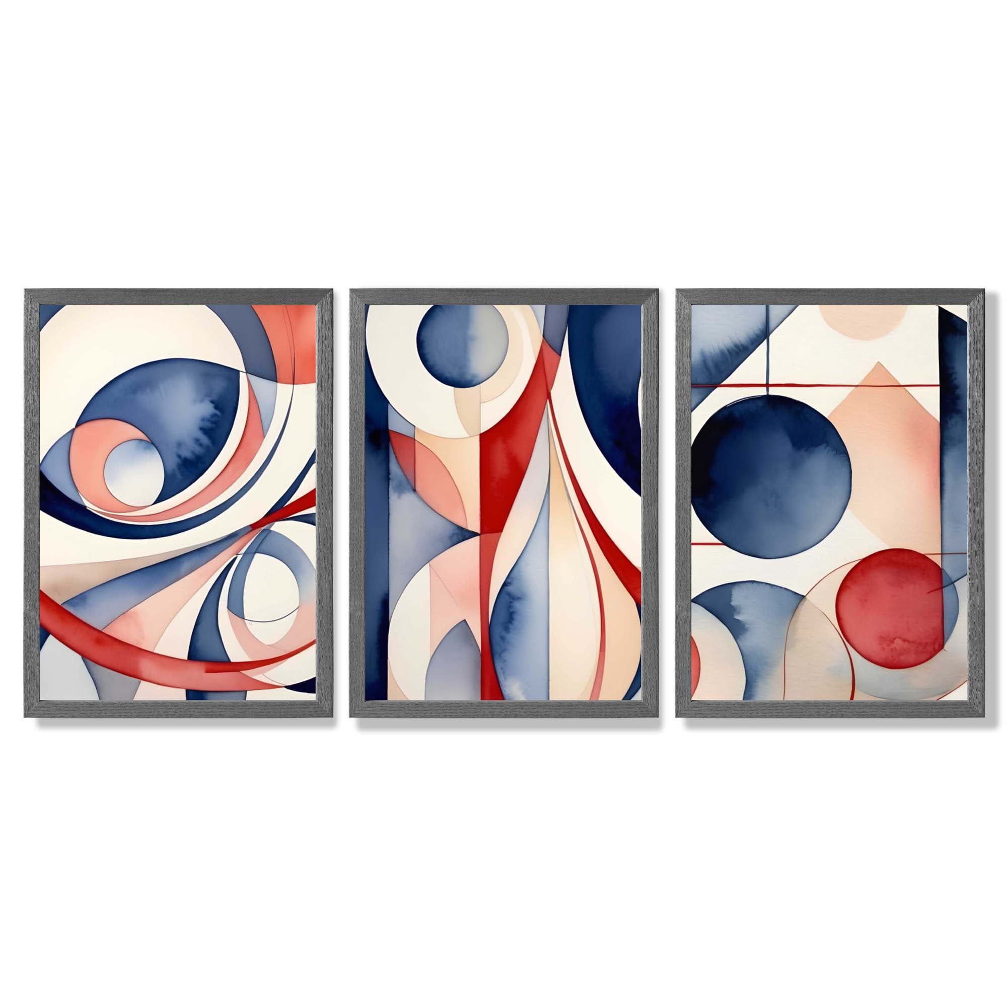 Art Deco Purple and Red Shapes Framed Art Prints with Dark Grey Wooden Frames