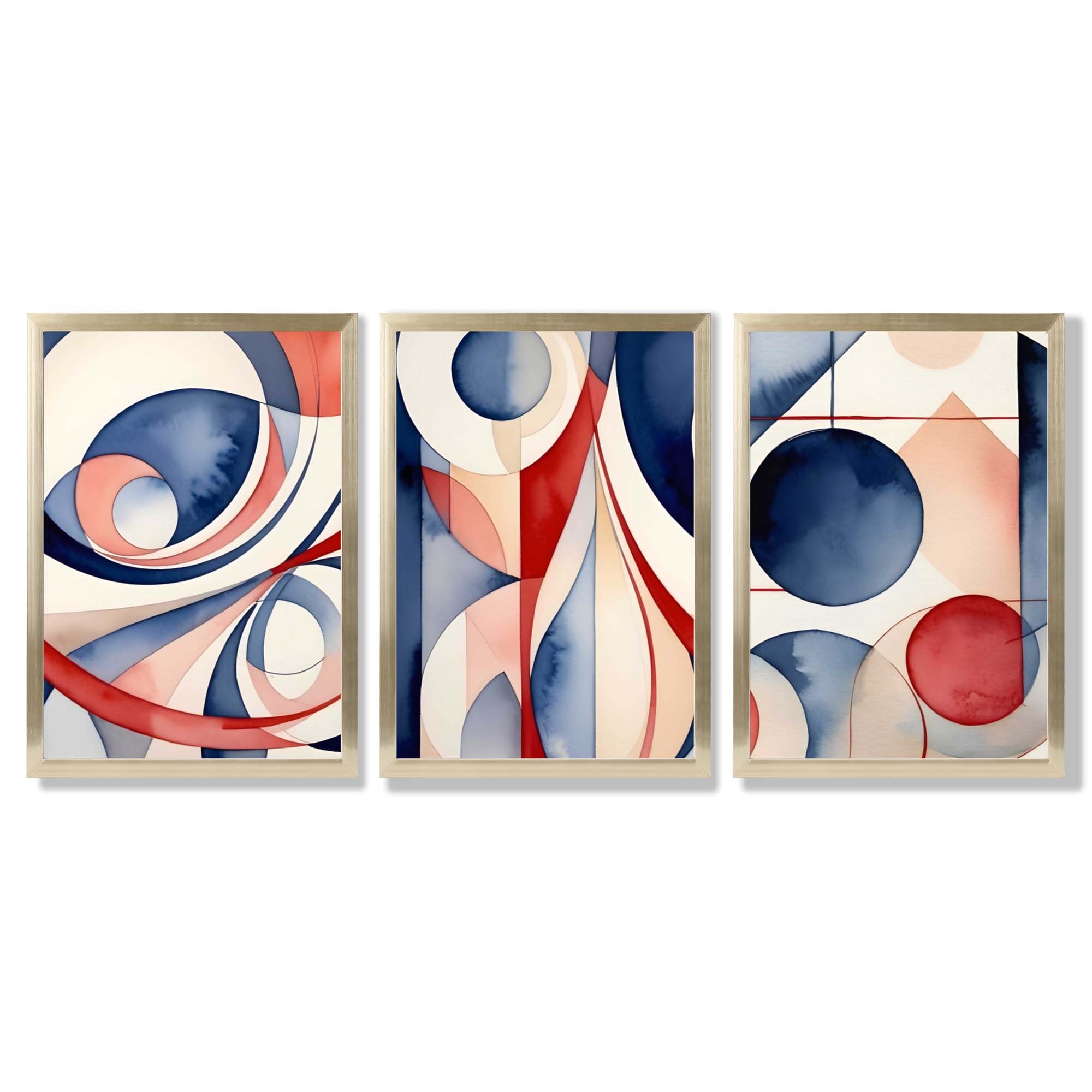 Art Deco Purple and Red Shapes Framed Art Prints with Gold Wood Frames