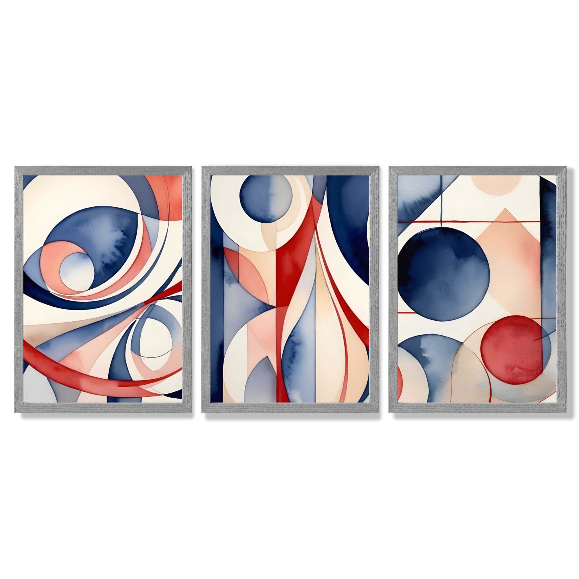 Art Deco Purple and Red Shapes Framed Art Prints with Light Grey Wooden Frames