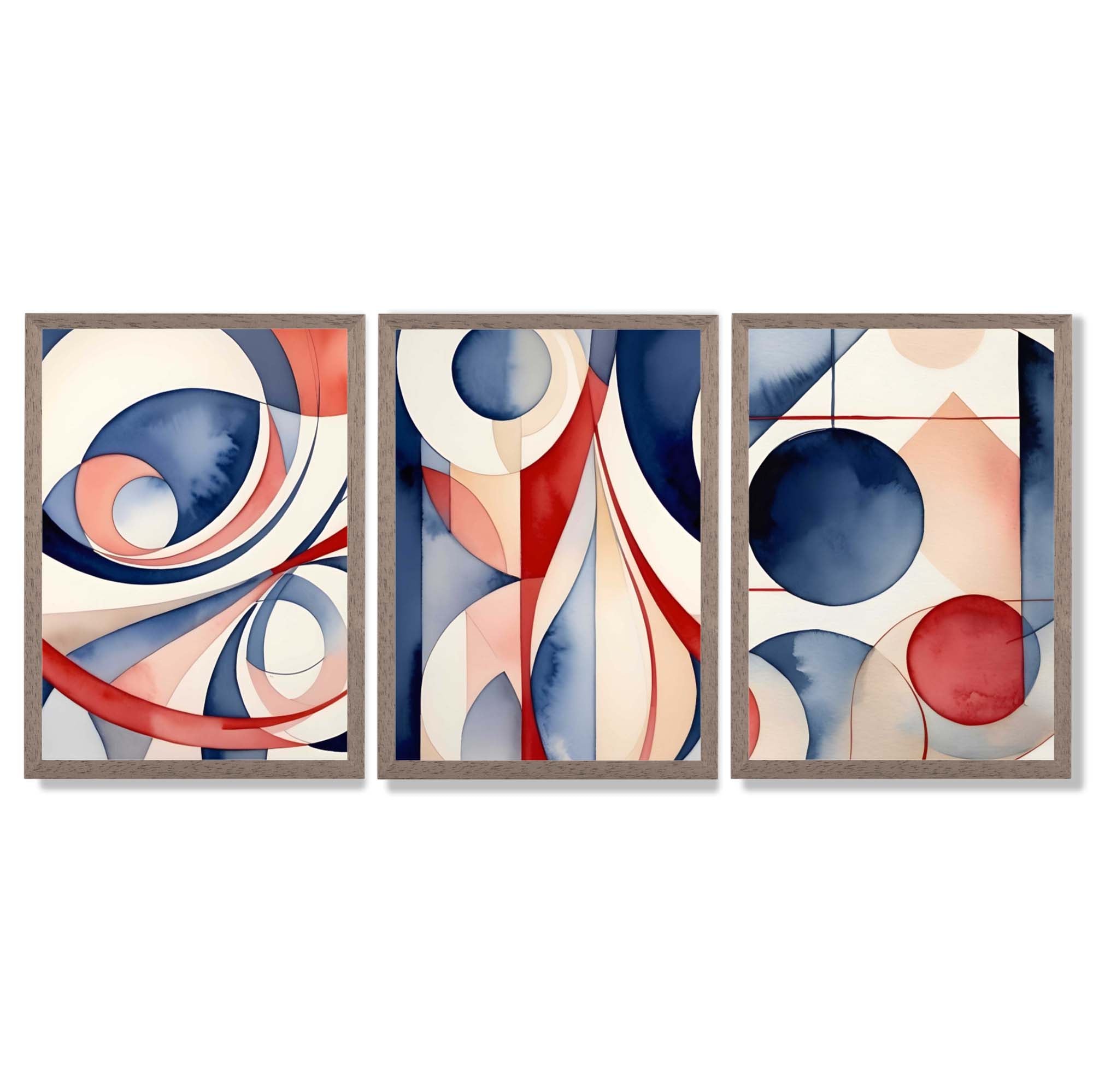 Art Deco Purple and Red Shapes Framed Art Prints with Light Walnut Frames
