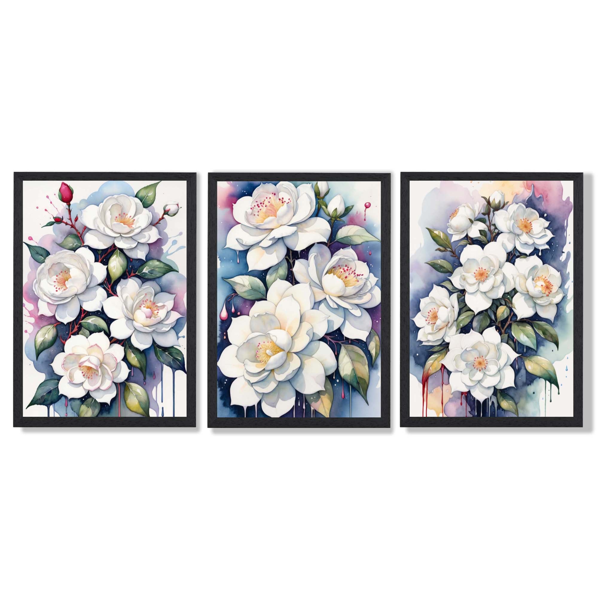 Abstract Modern Flowers Set of 3 Framed Art Prints with Black Wooden Frames
