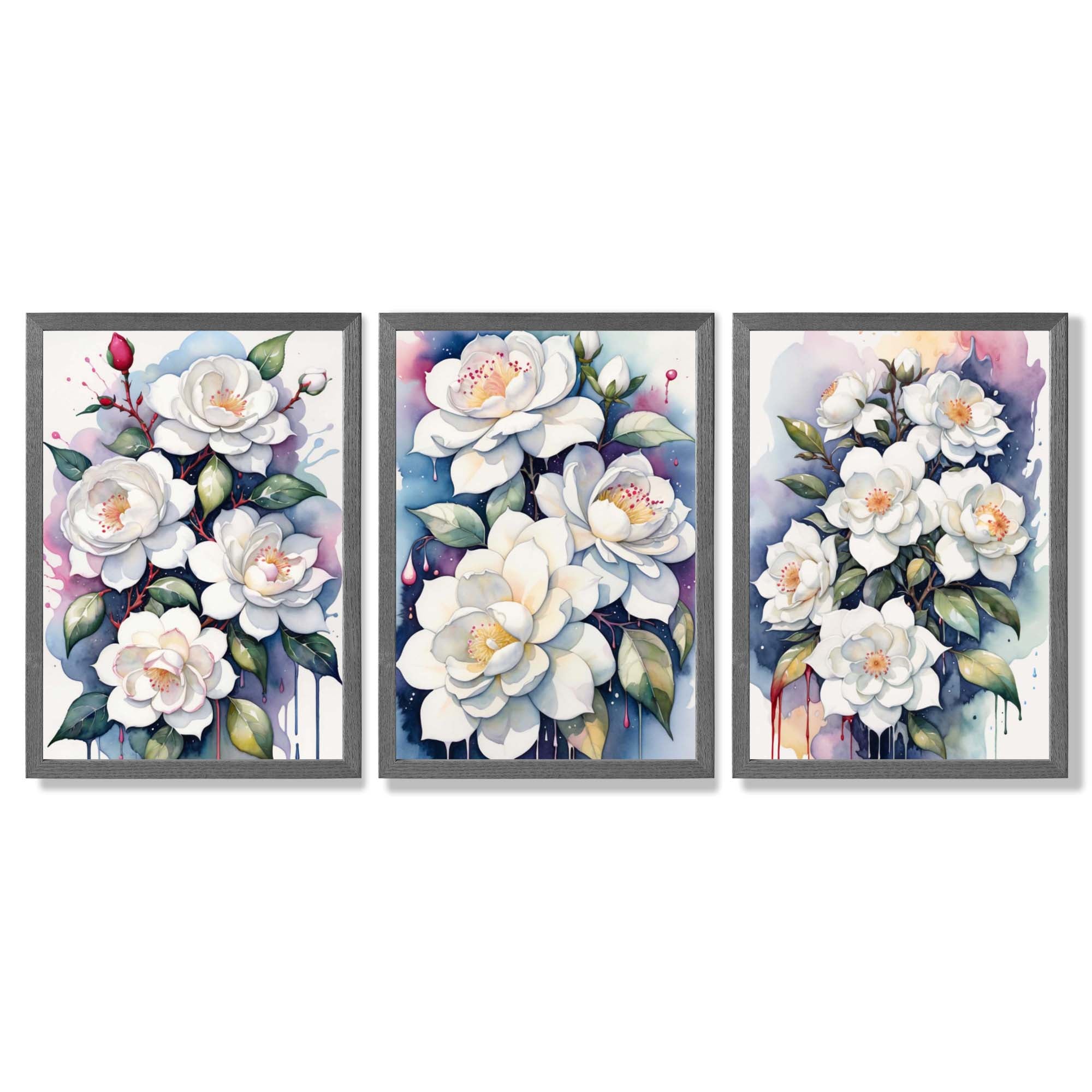 Abstract Modern Flowers Set of 3 Framed Art Prints with Dark Grey Wooden Frames