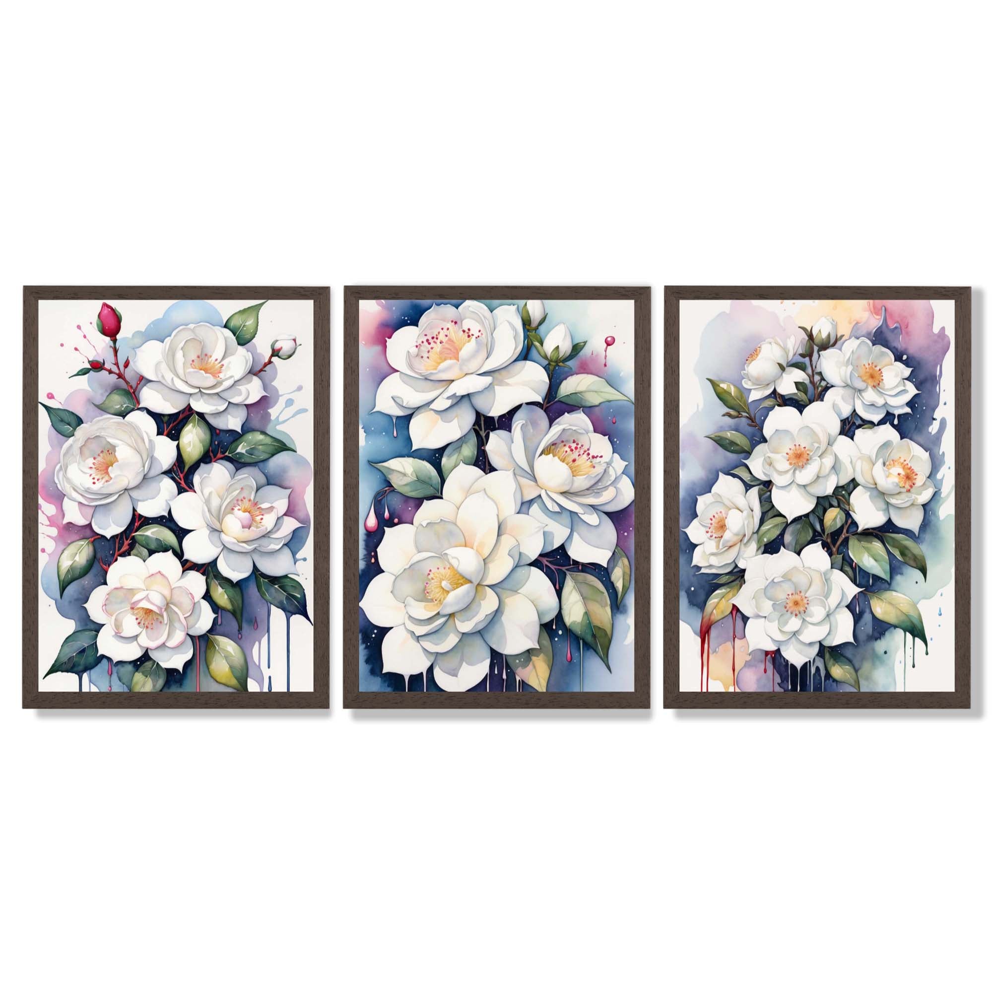 Abstract Modern Flowers Set of 3 Framed Art Prints with Dark Wood Frames