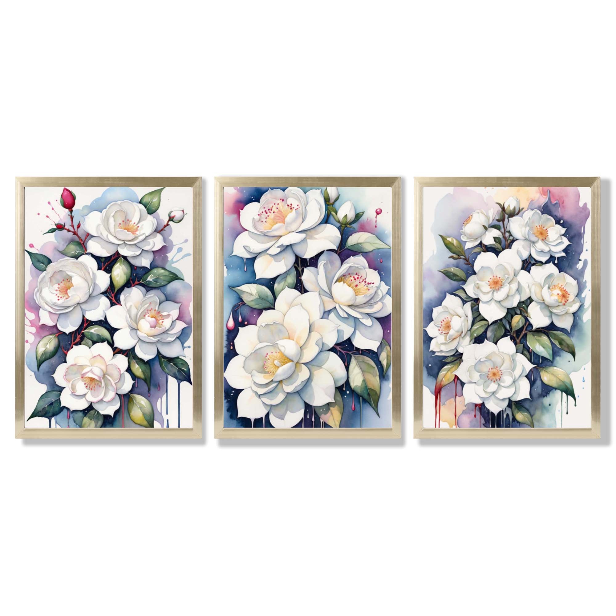Abstract Modern Flowers Set of 3 Framed Art Prints with Gold Wood Frames
