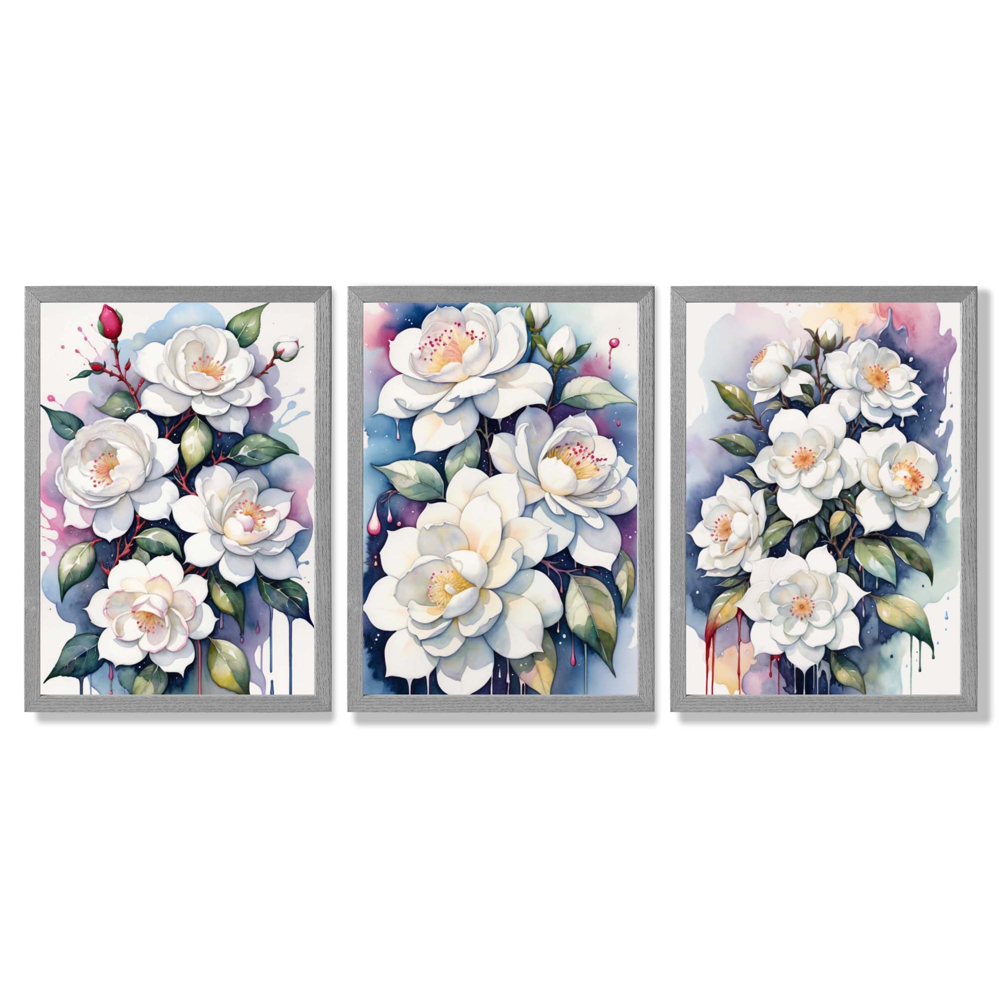 Abstract Modern Flowers Set of 3 Framed Art Prints with Light Grey Wooden Frames