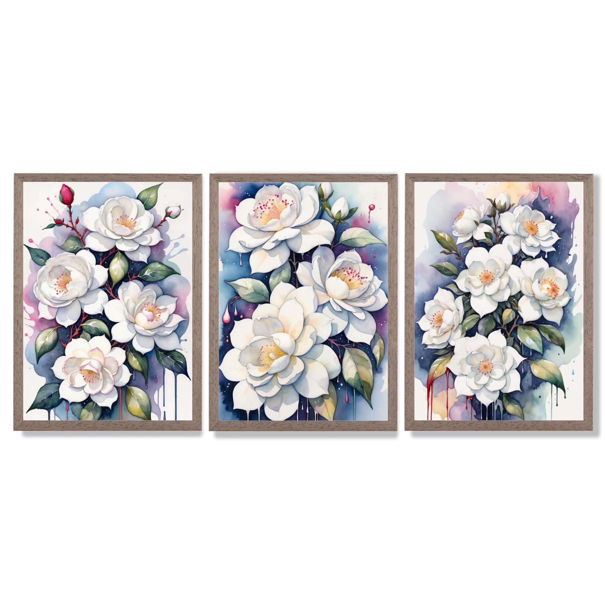 Abstract Modern Flowers Set of 3 Framed Art Prints with Light Walnut Frames