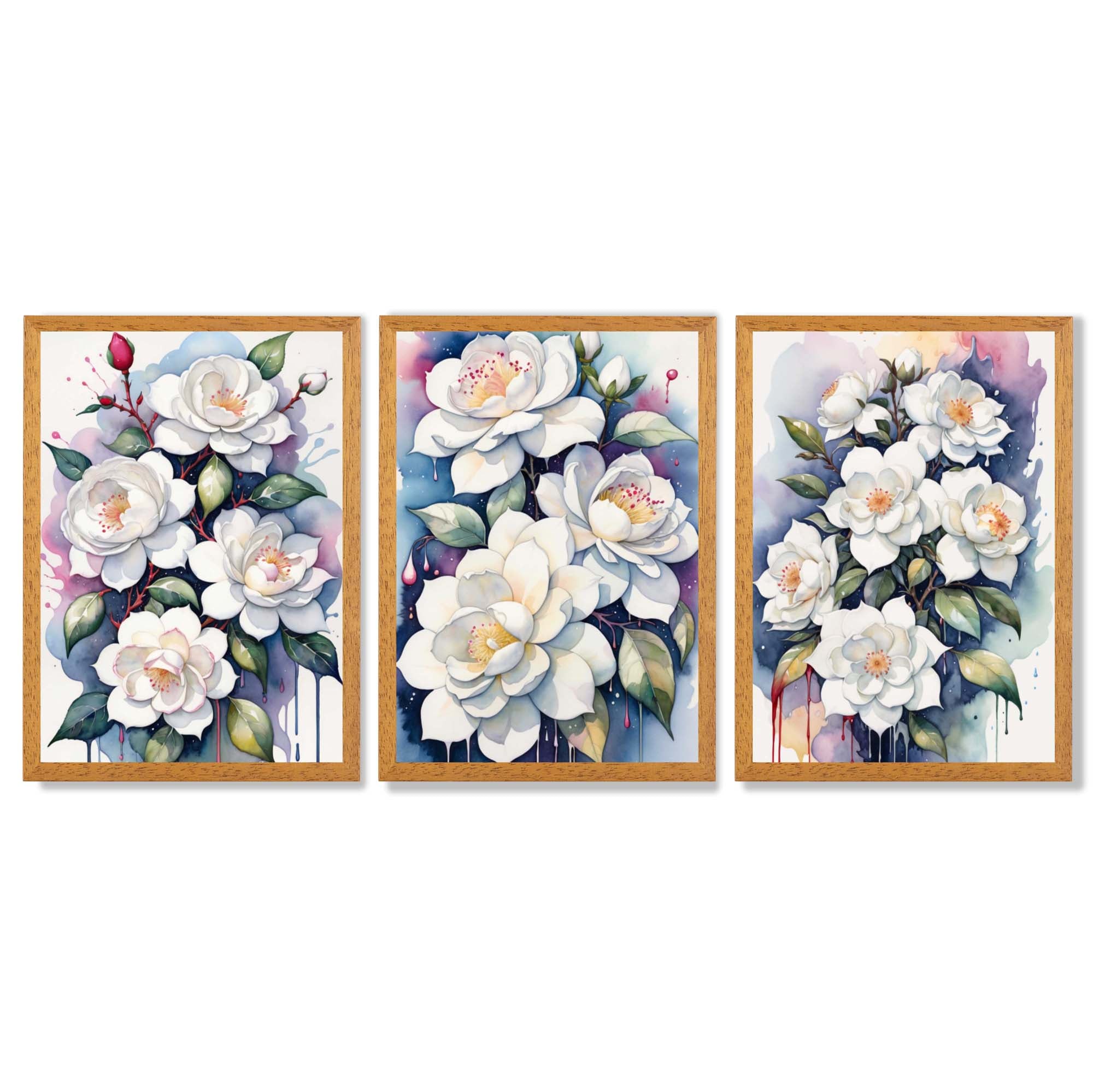 Abstract Modern Flowers Set of 3 Framed Art Prints with Oak Wooden Frames