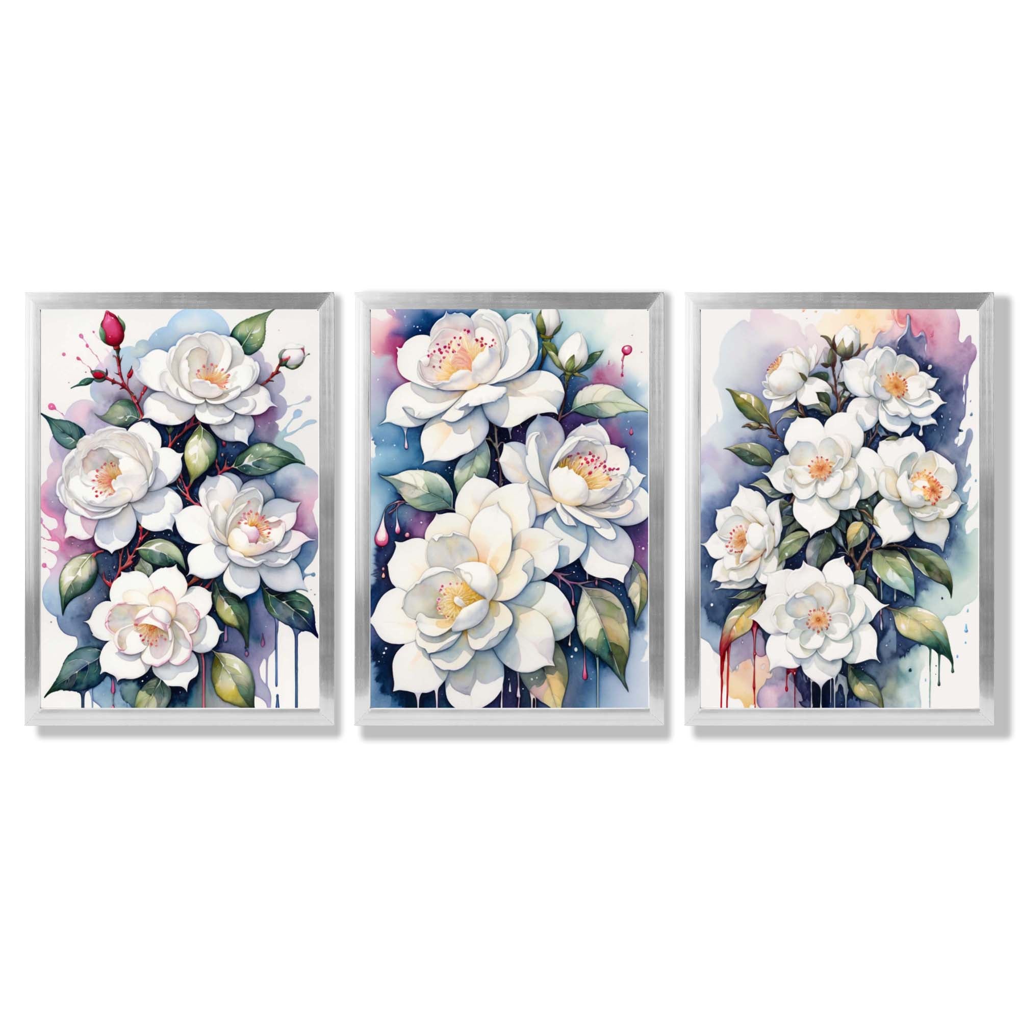 Abstract Modern Flowers Set of 3 Framed Art Prints with Silver Wood Frames