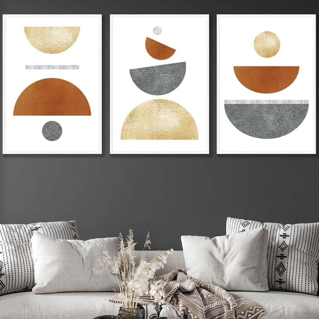 Orange, Gold and Grey Geometric Set of 3 Art Prints
