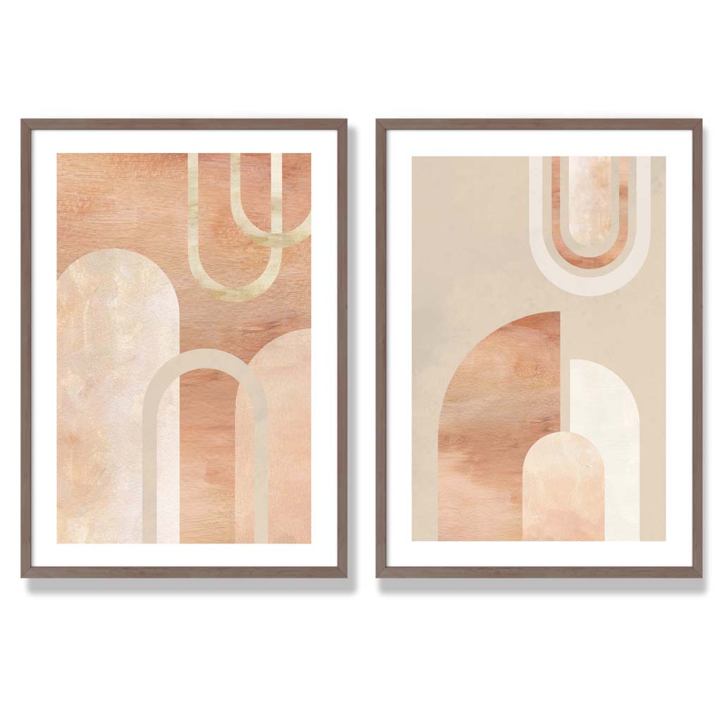 Mid Century Arches in Terracotta Set of 2 Art Prints with Walnut Frame